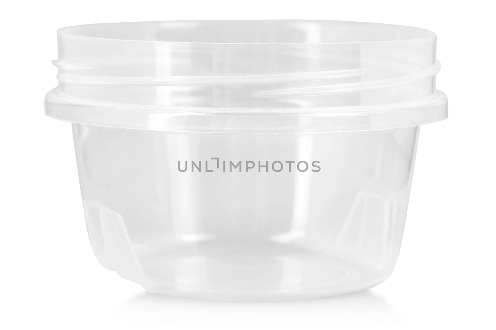 Opened transparent plastic food container. Catering food packaging.