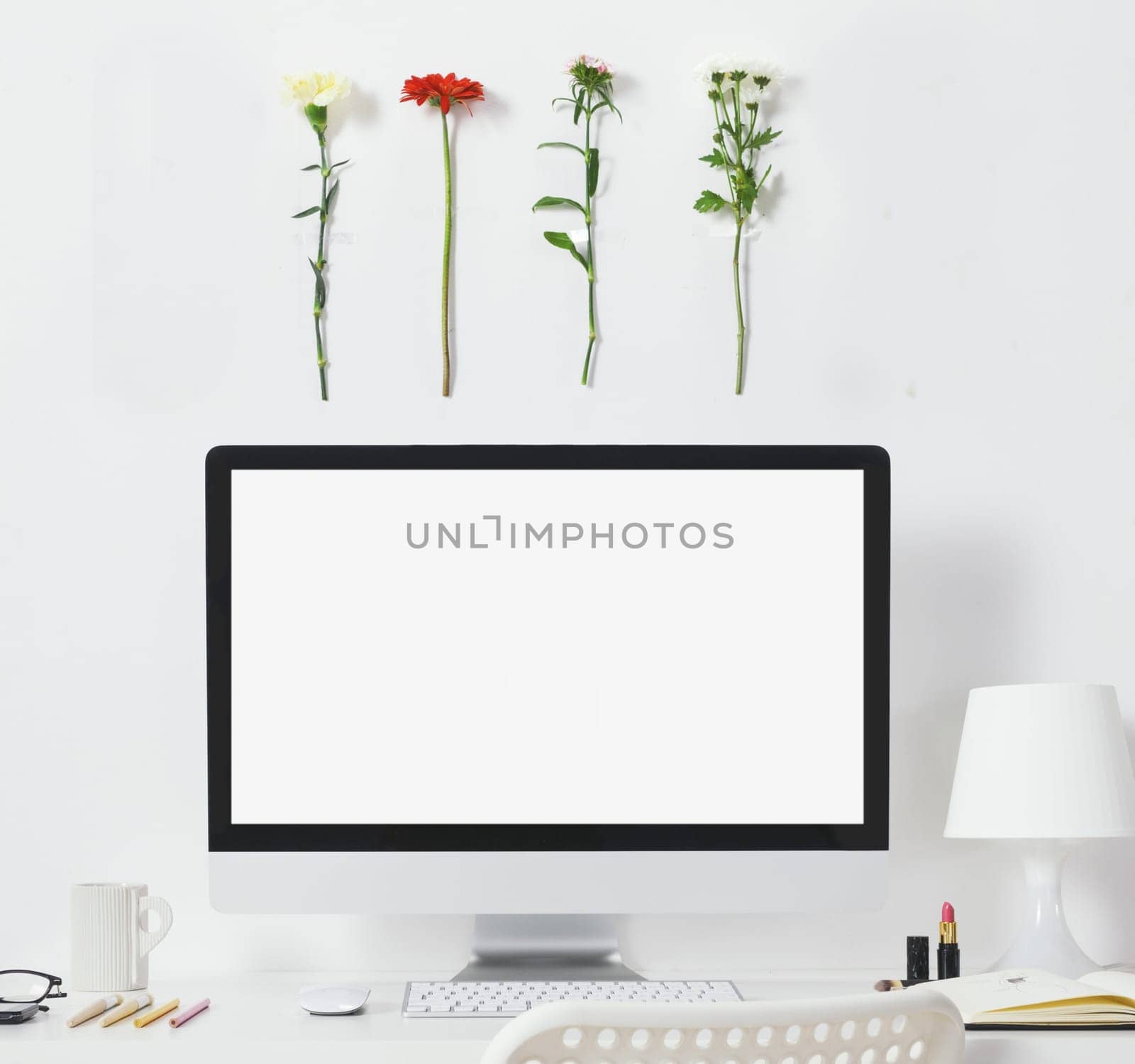 White desk with spring environment.