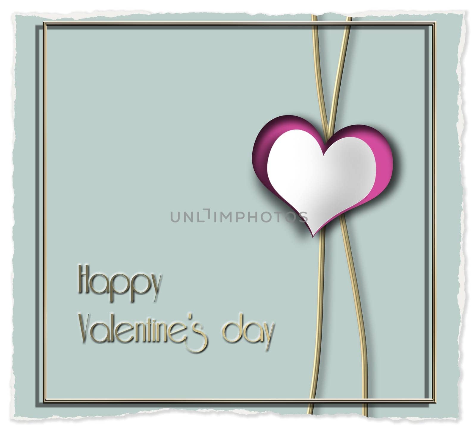 Elegant Happy valentine card in pastel colour. Gold frame, heart on pastel green background. Text Happy Valentine's day. 3D render. Luxury poster template Invitation, place for text. copy space