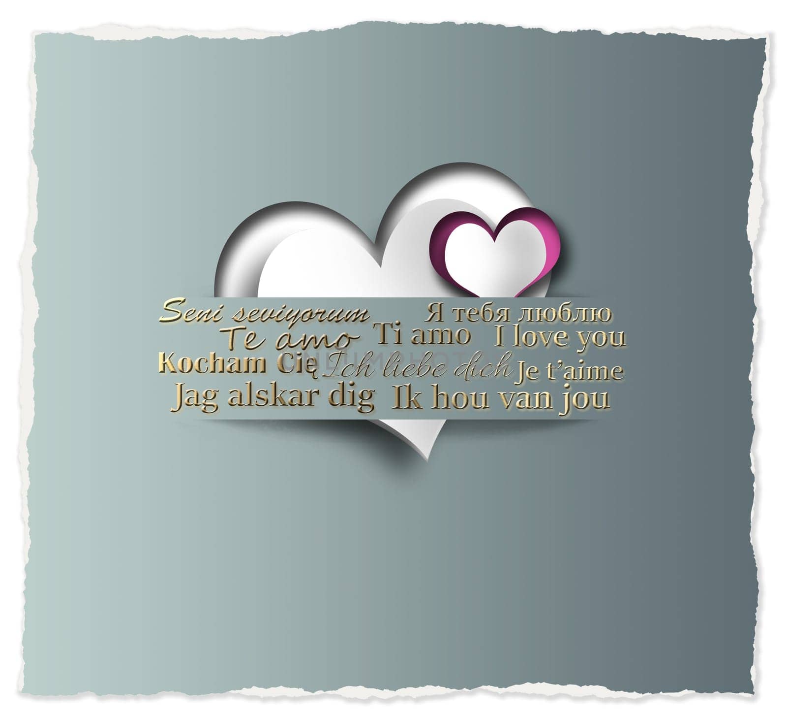 Love card. I love you text in different languages. Hearts in paper strip, text I love you on green pastel background. Pretty card for Valentines, wedding, template card. 3D illustration