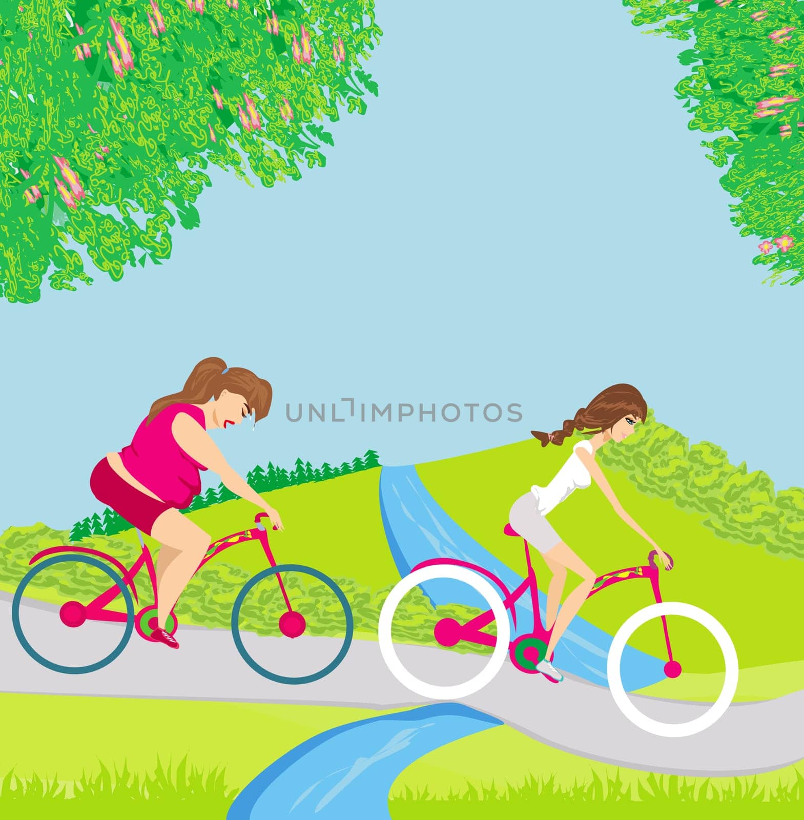 overweight woman and her slim friend riding on bicycles