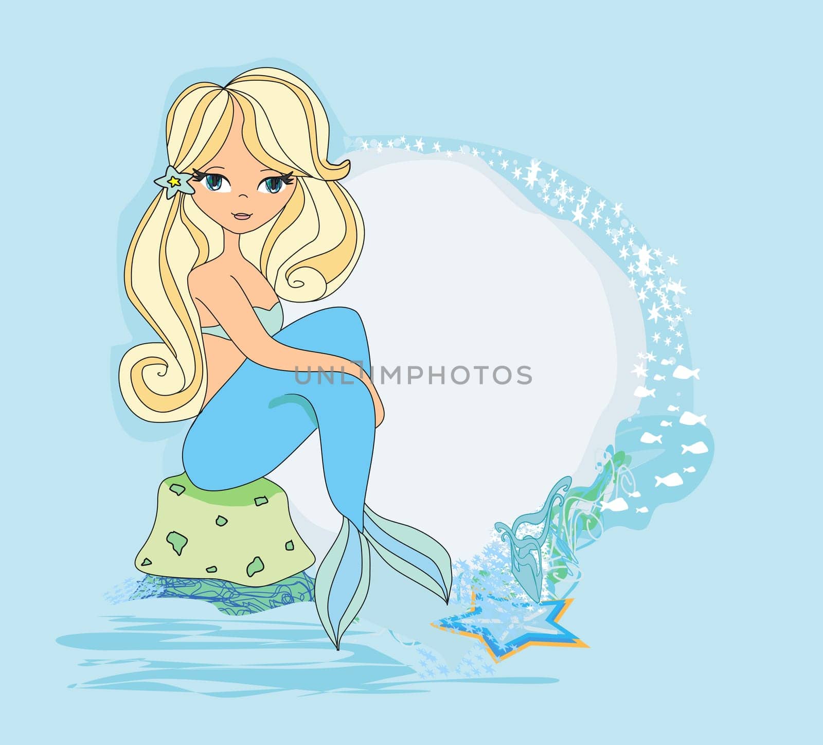 beautiful mermaid - decorative frame on a blue background