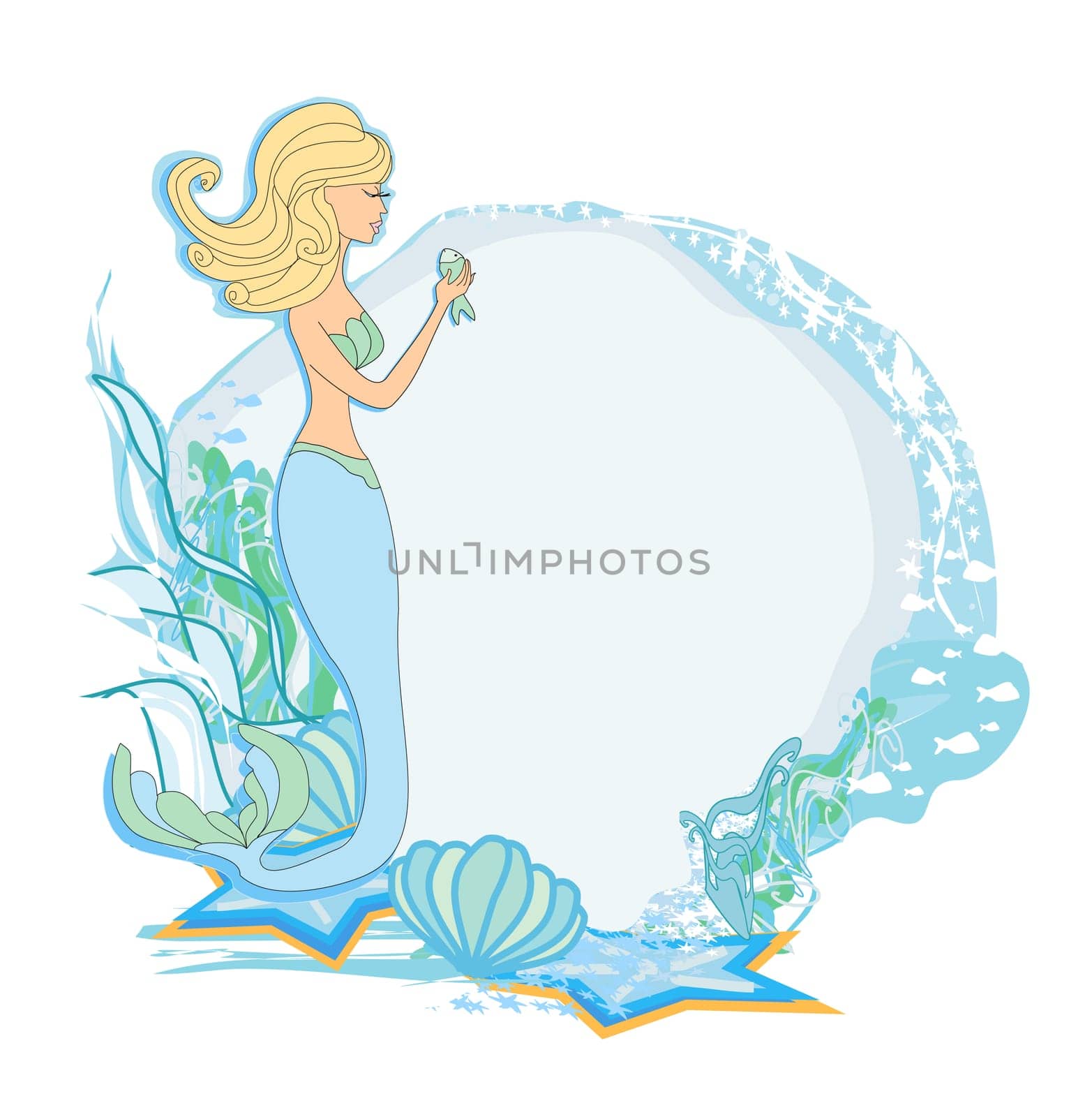 beautiful mermaid - decorative frame on a blue background
