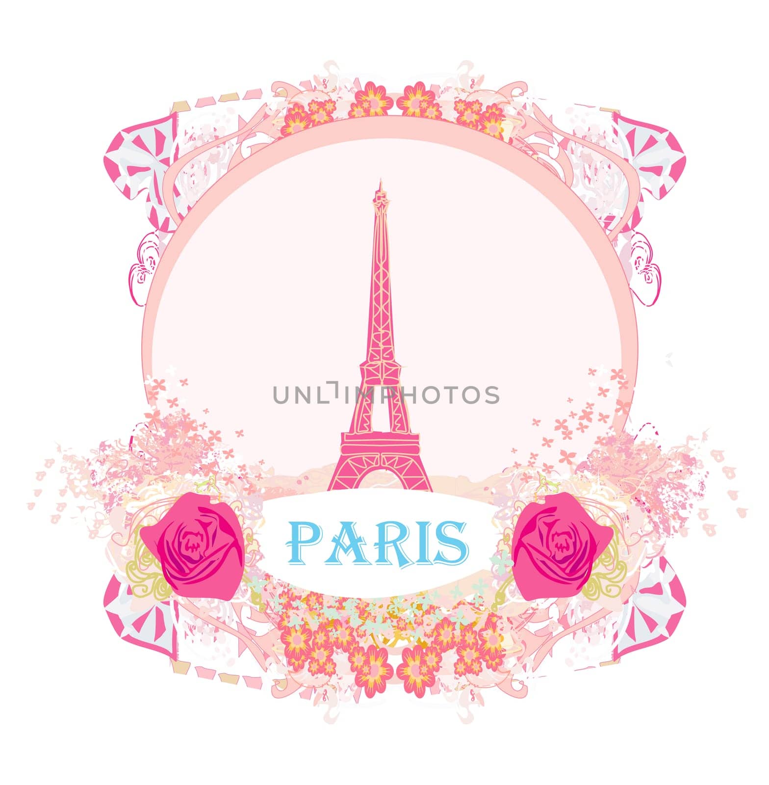 Eiffel tower artistic card, decorative floral frame