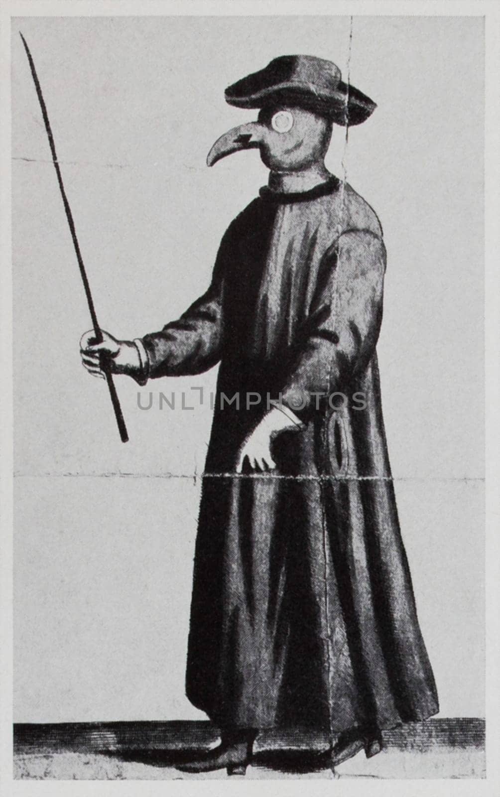 Plague Doctor during Black Death years. 18th Century engraving. Unknown artist