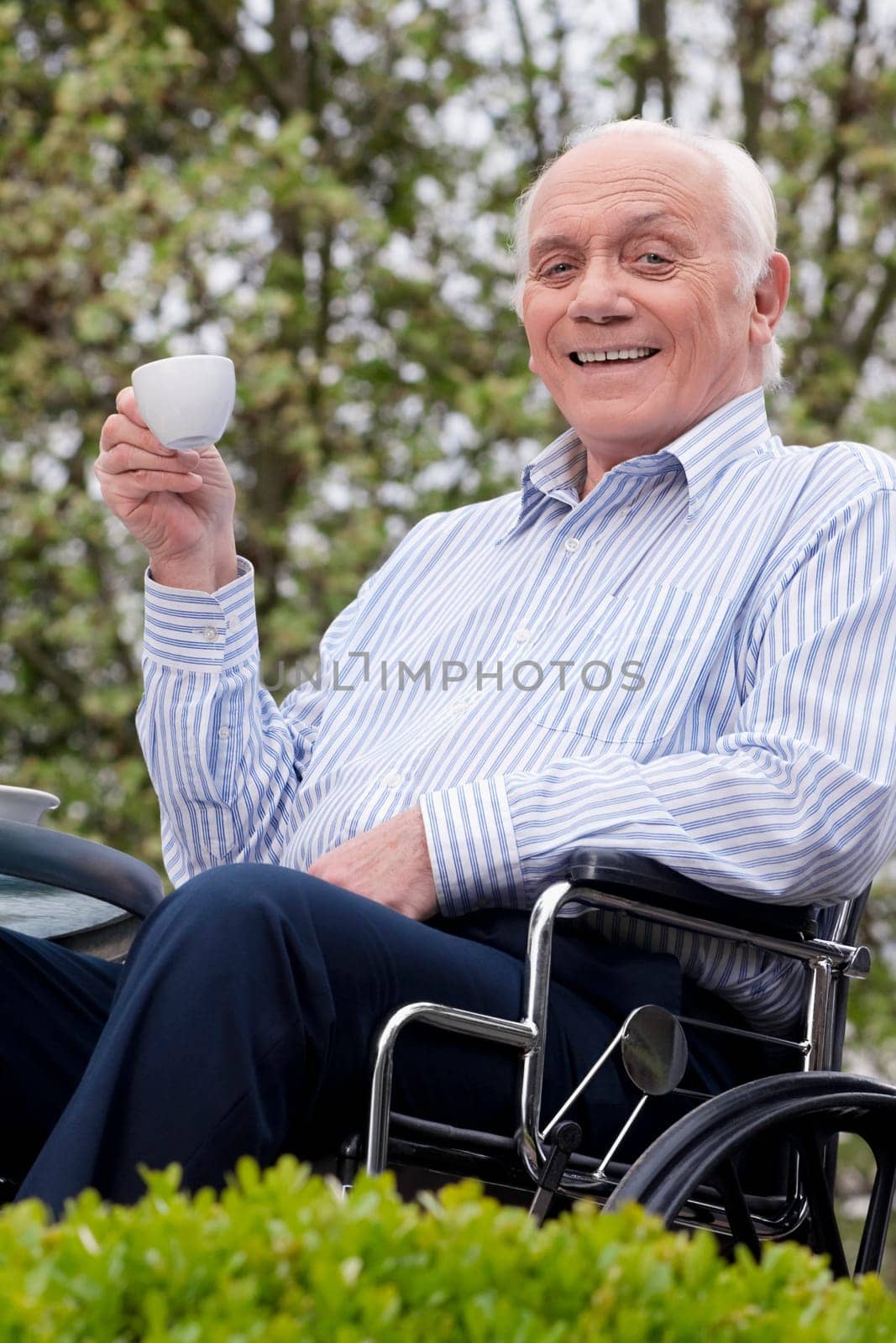 Portrait of a man sitting in a wheelchair and drinking tea