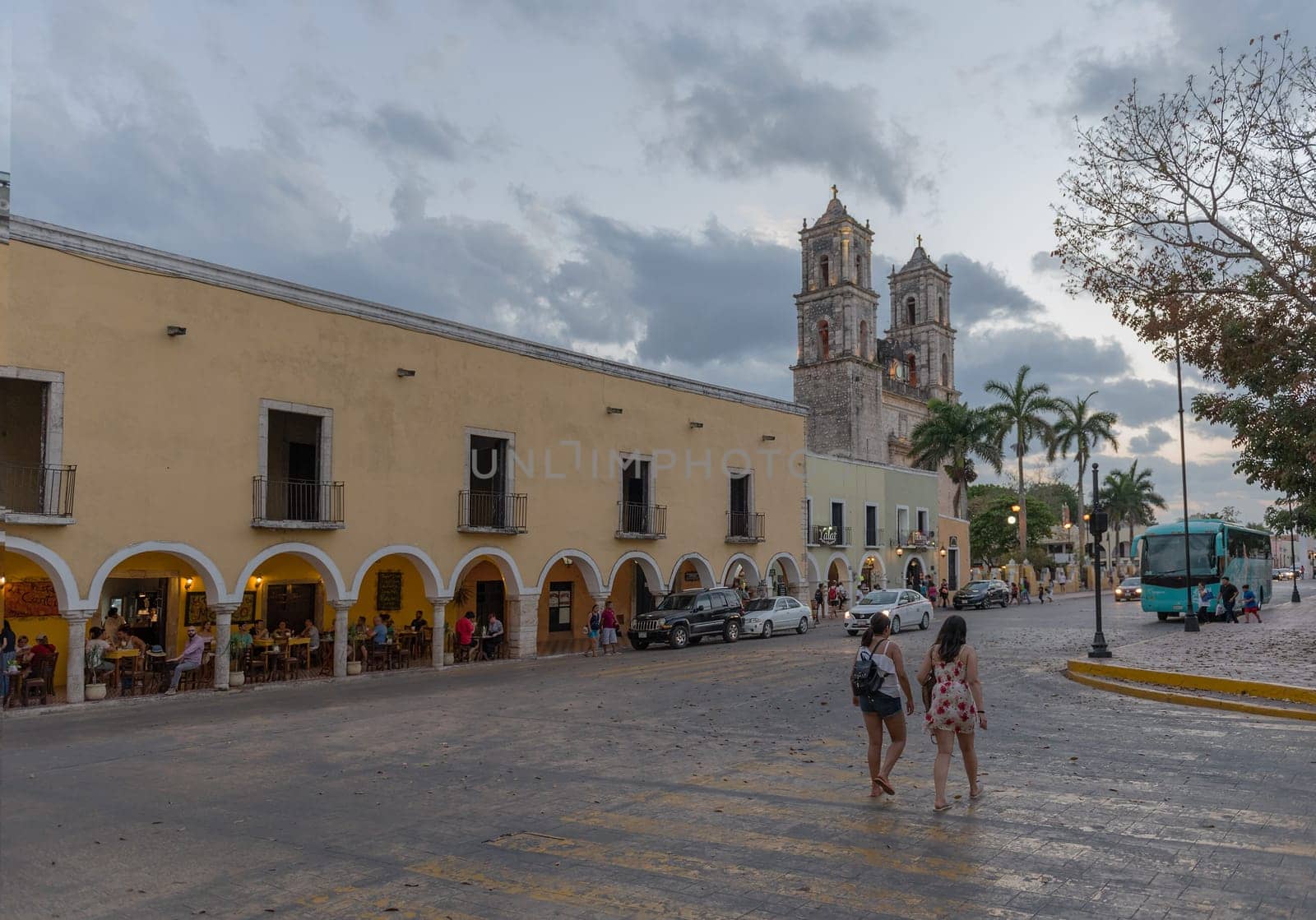 Unidentified people in front of the Church of San Servacio Saint Servatius in Valladolid, Yucatan, Mexico