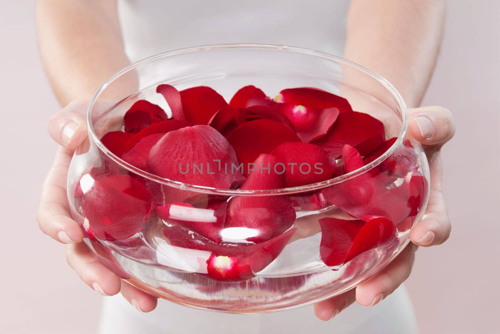 Mid section view of a woman holding a bowl of rose petals