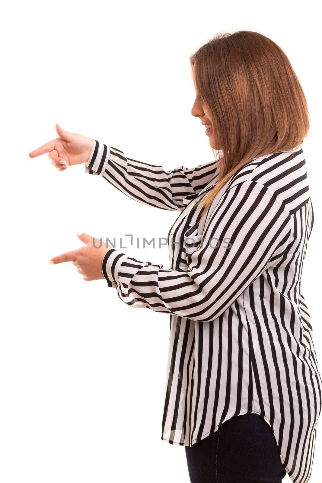 Young large beautiful woman presenting your product, isolated over white background