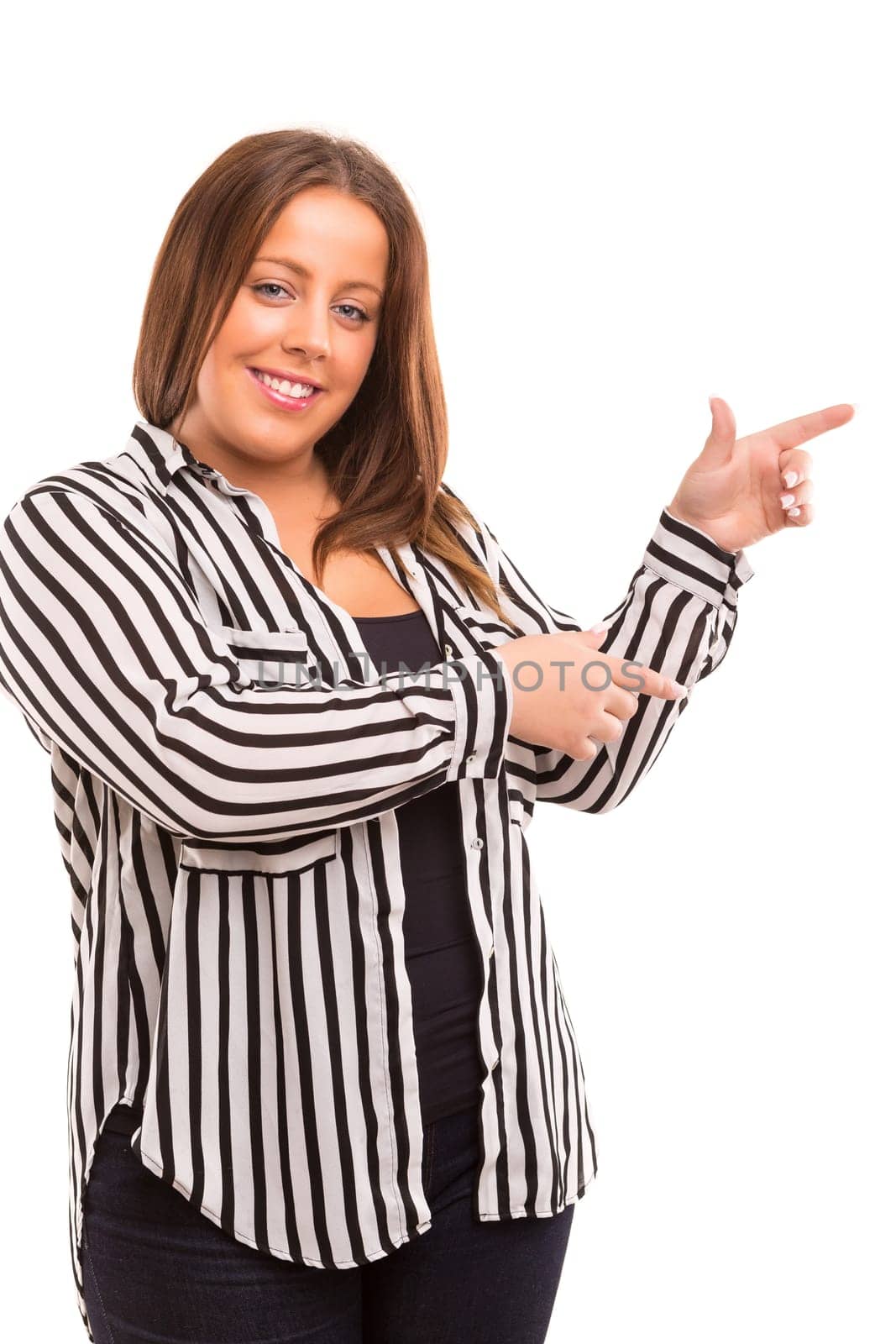 Young large beautiful woman presenting your product, isolated over white background