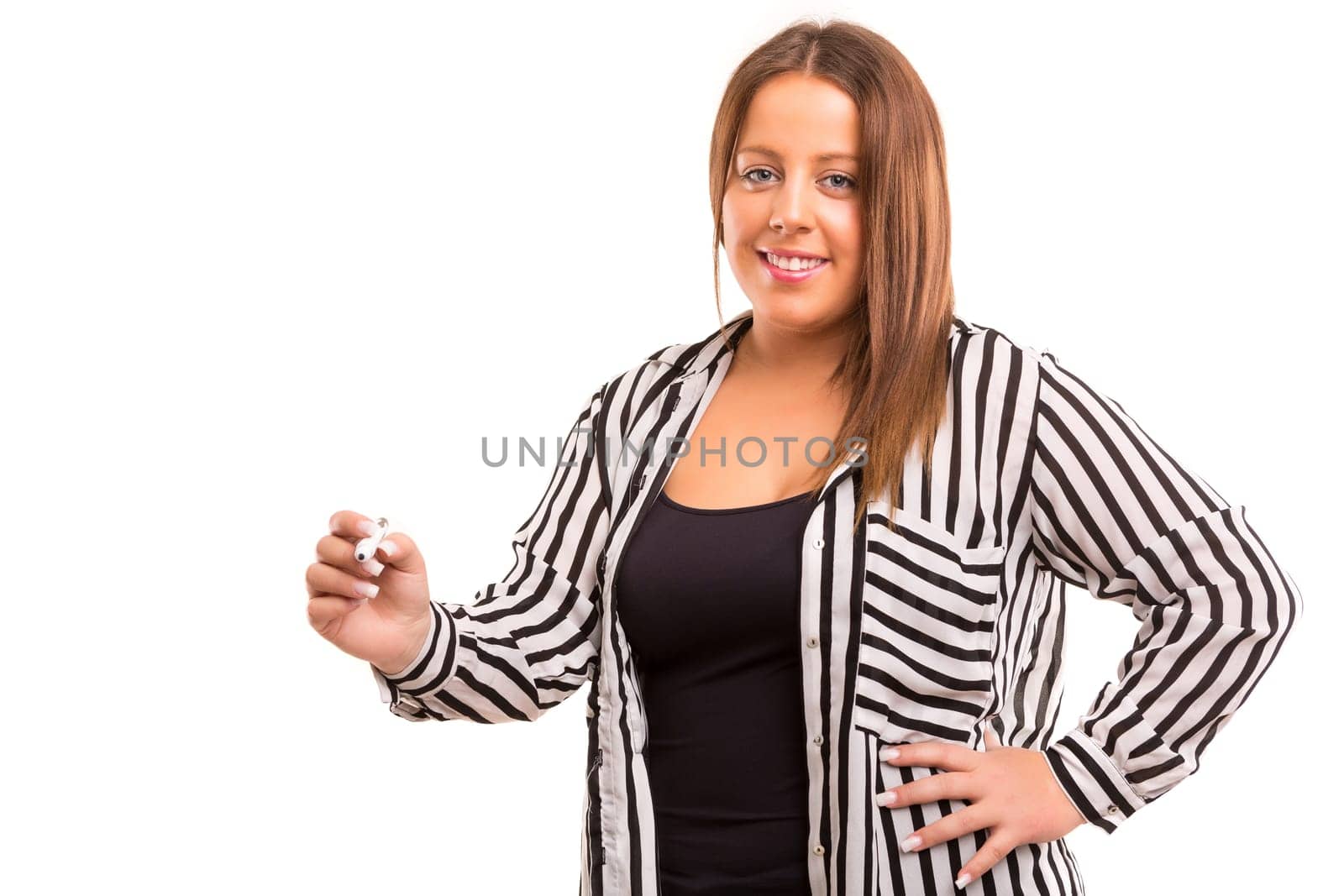 Large business woman, drawing on whiteboard, isolated over white