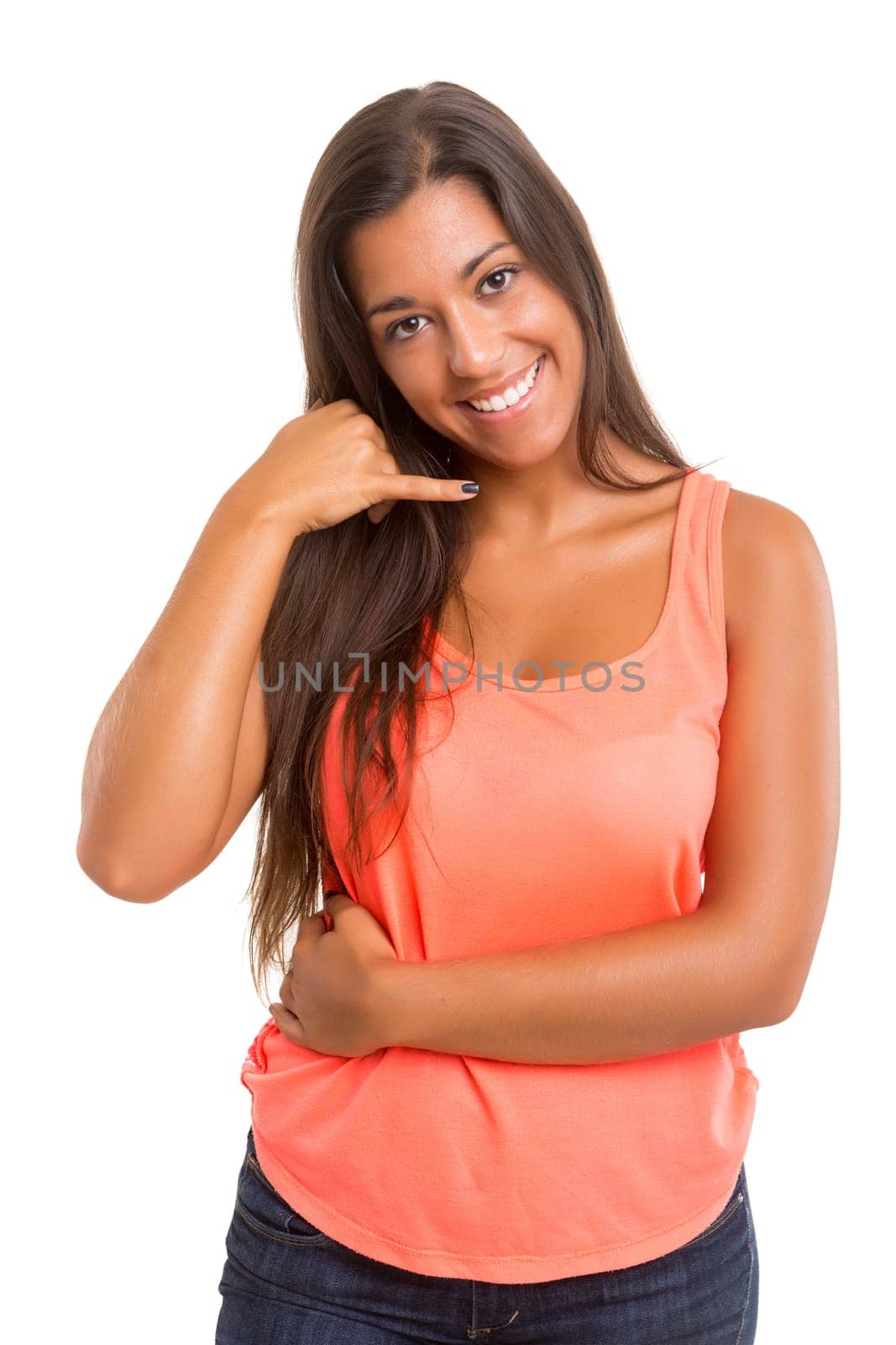 Happy young student making "call me"" sign with hand"