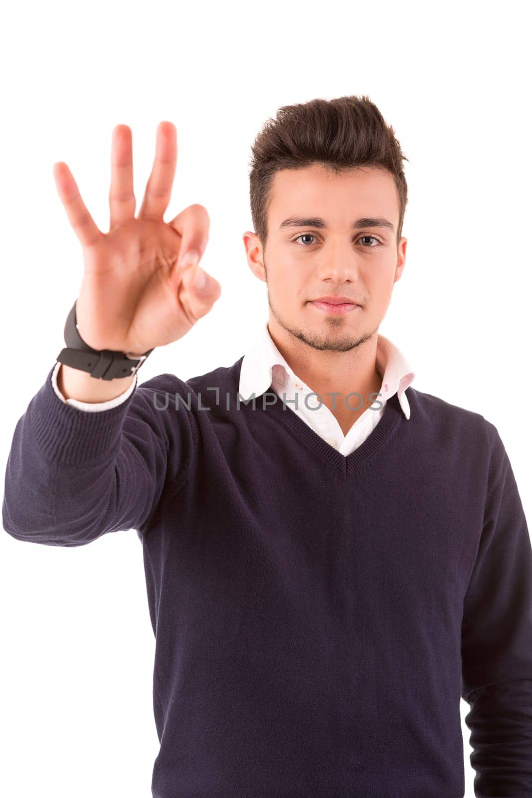 Young student expressing positivity - isolated over white