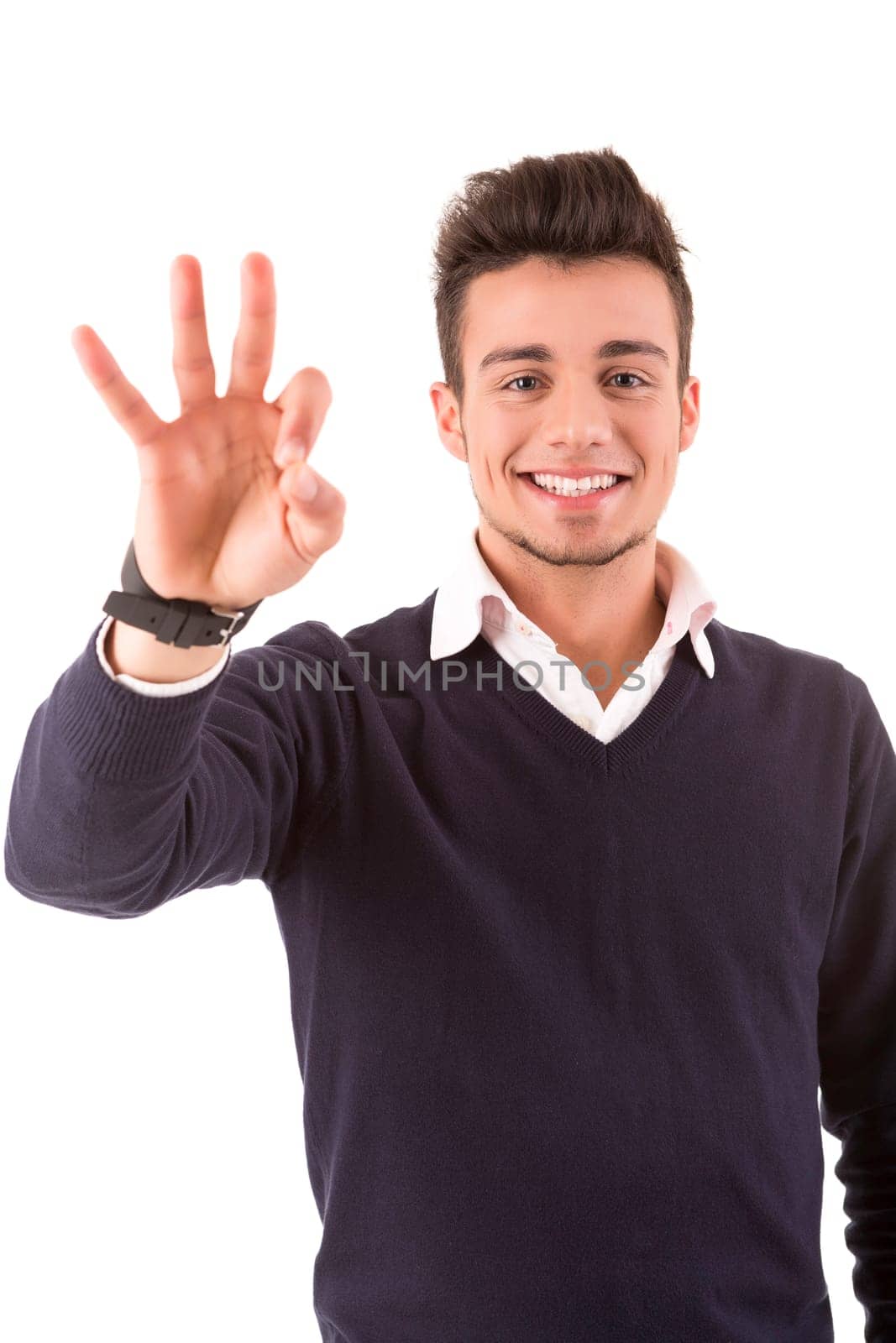 Young student expressing positivity - isolated over white