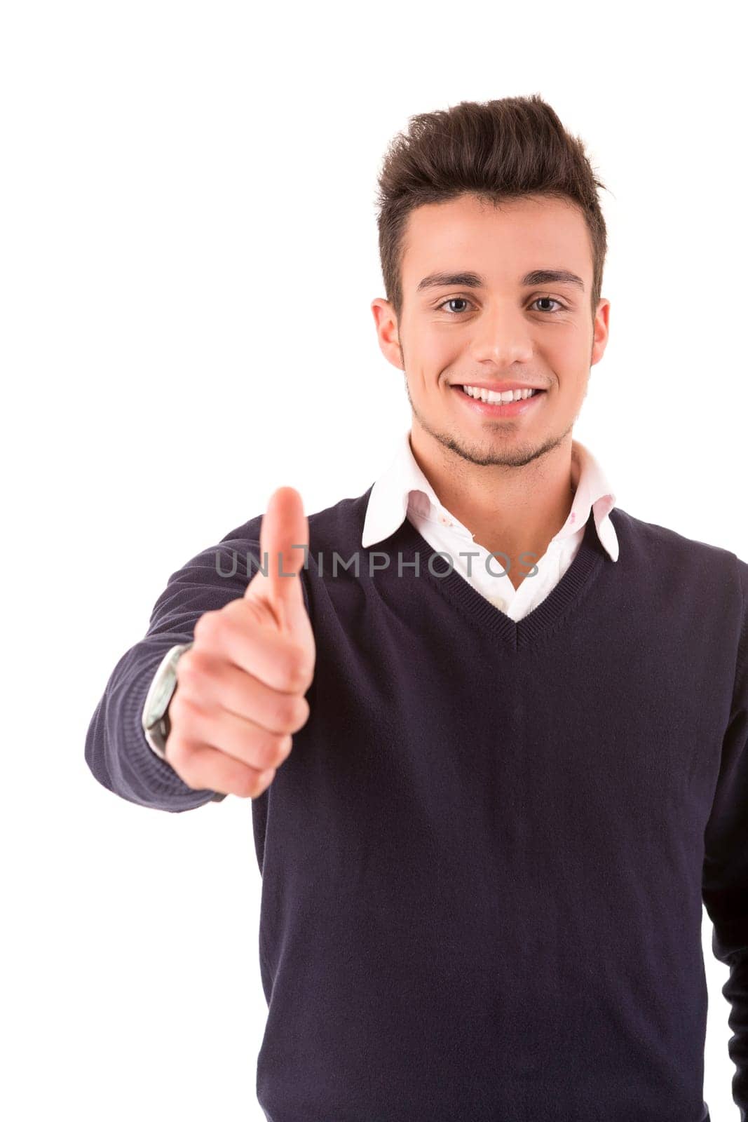 Young student expressing positivity - isolated over white
