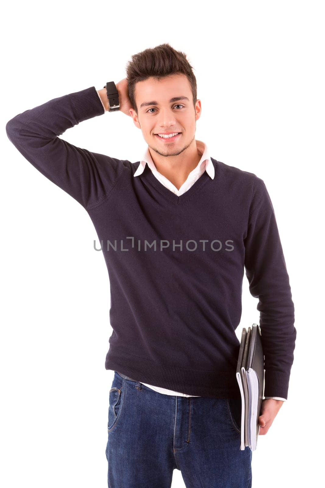 Young happy student posing isolated over white background