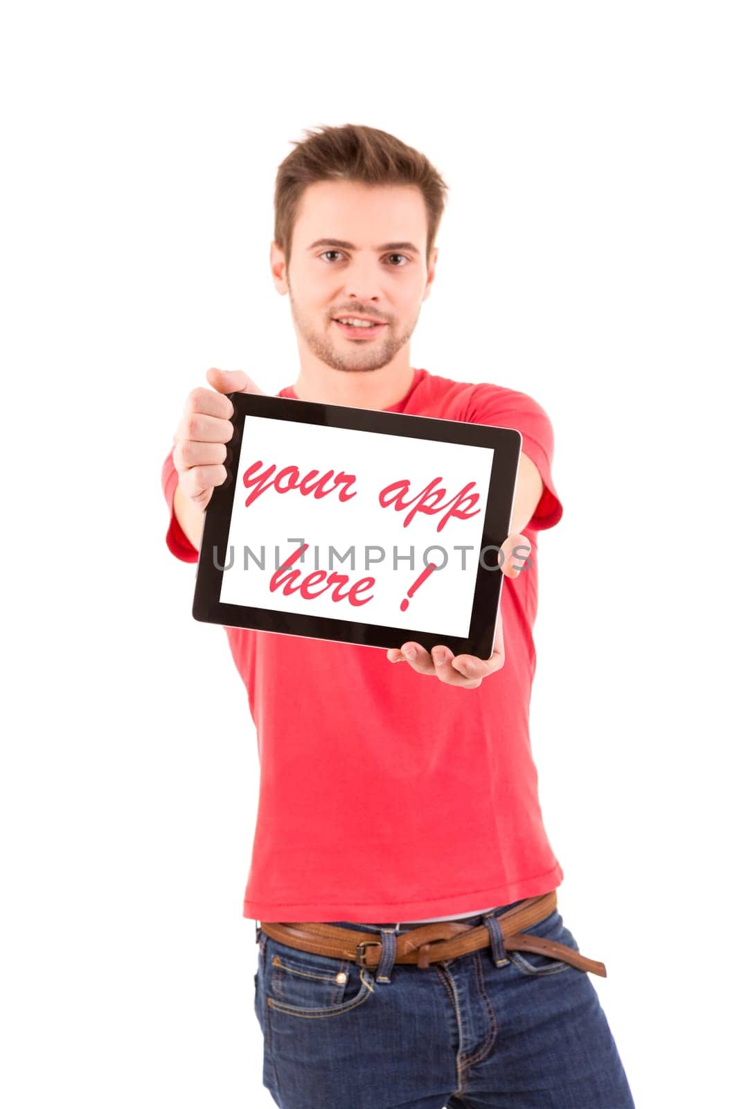 Happy young man presenting your product in a tablet computer