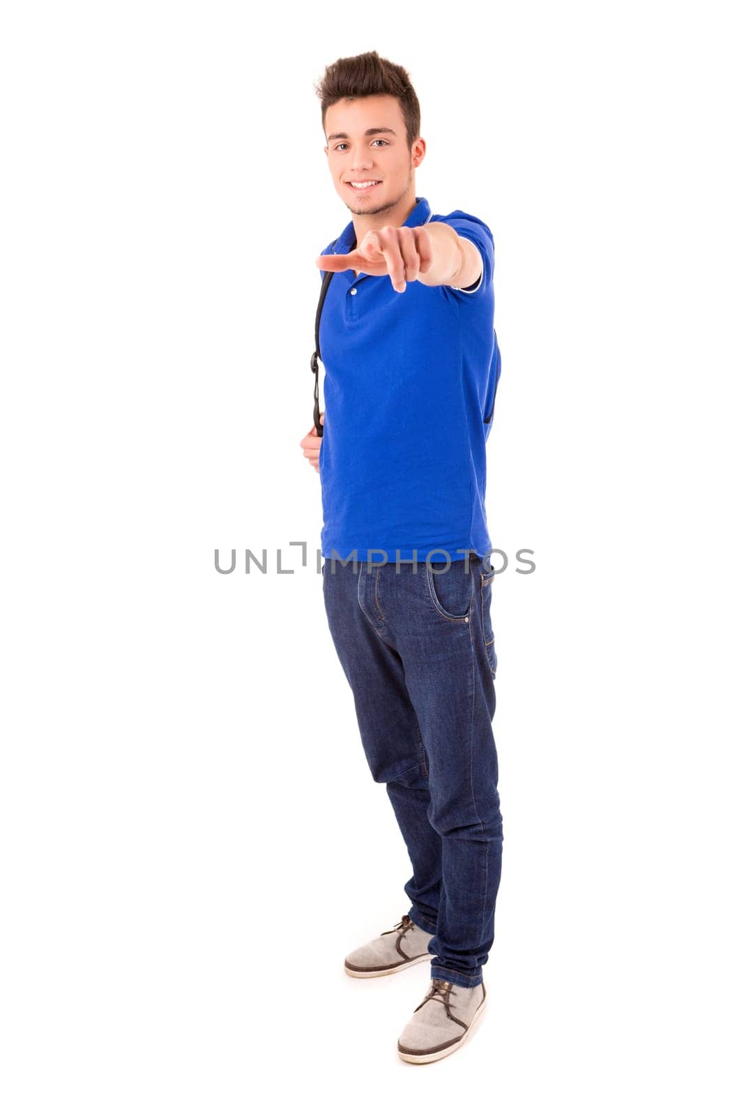 Young happy student posing isolated over white background