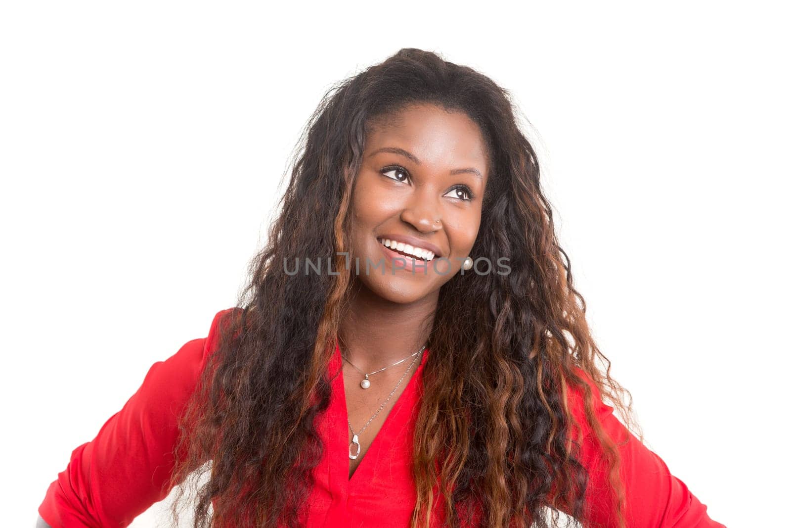Beautiful young african woman posing isolated over white