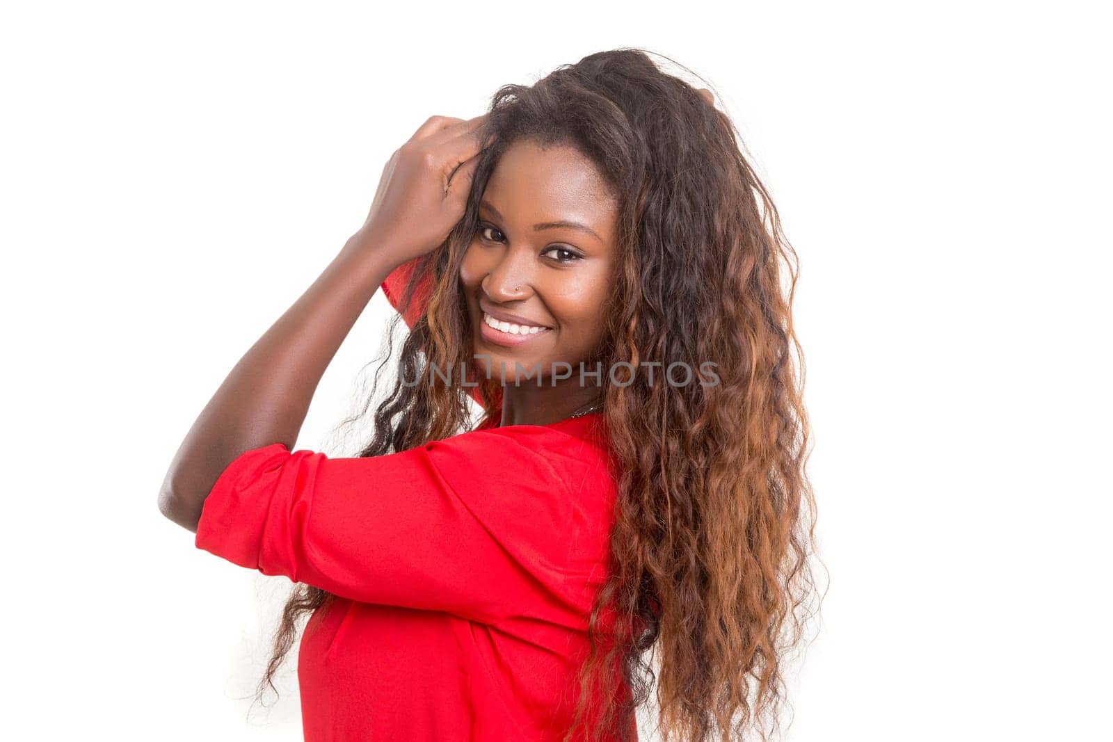 Beautiful young african woman posing isolated over white