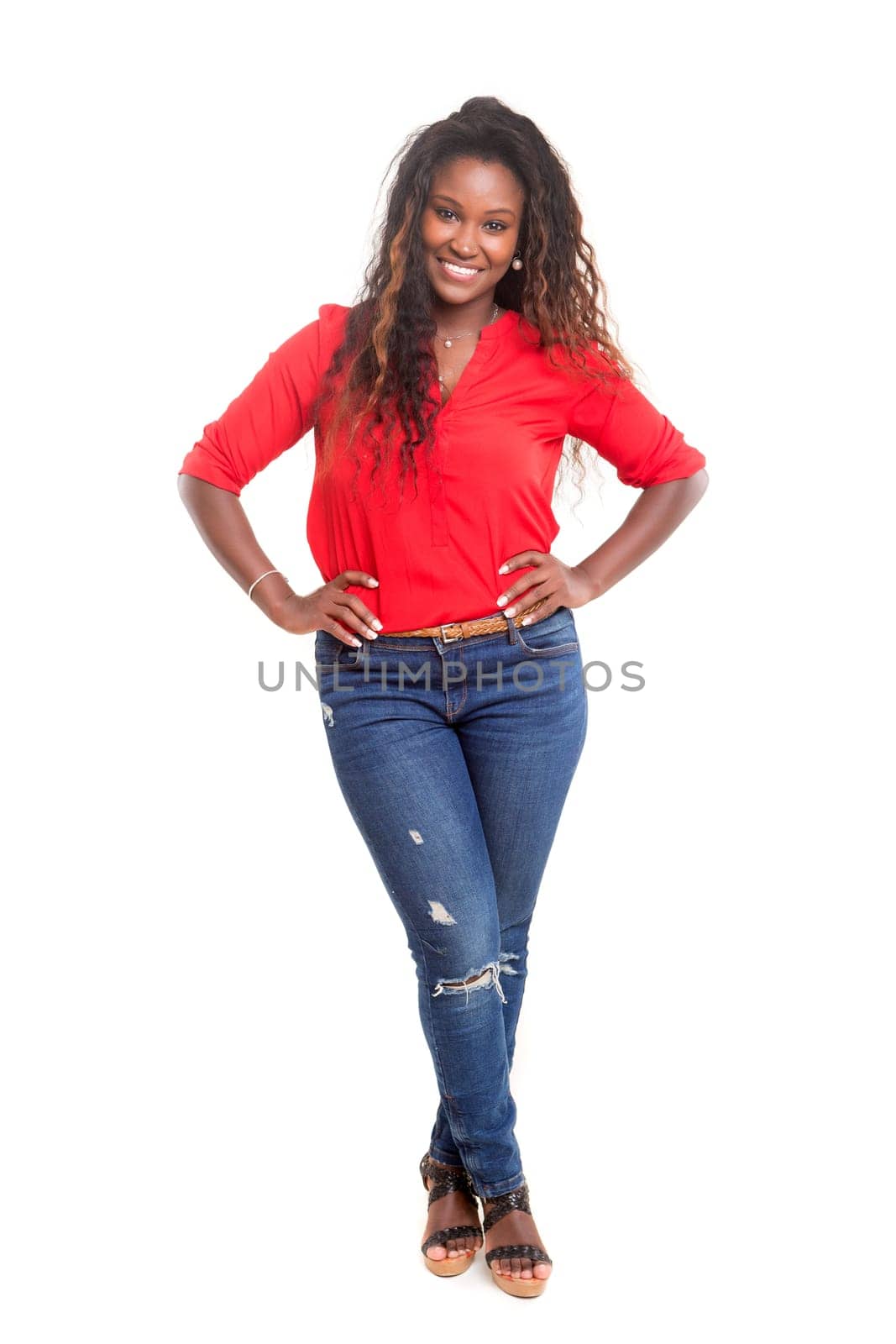 Beautiful young african woman posing isolated over white