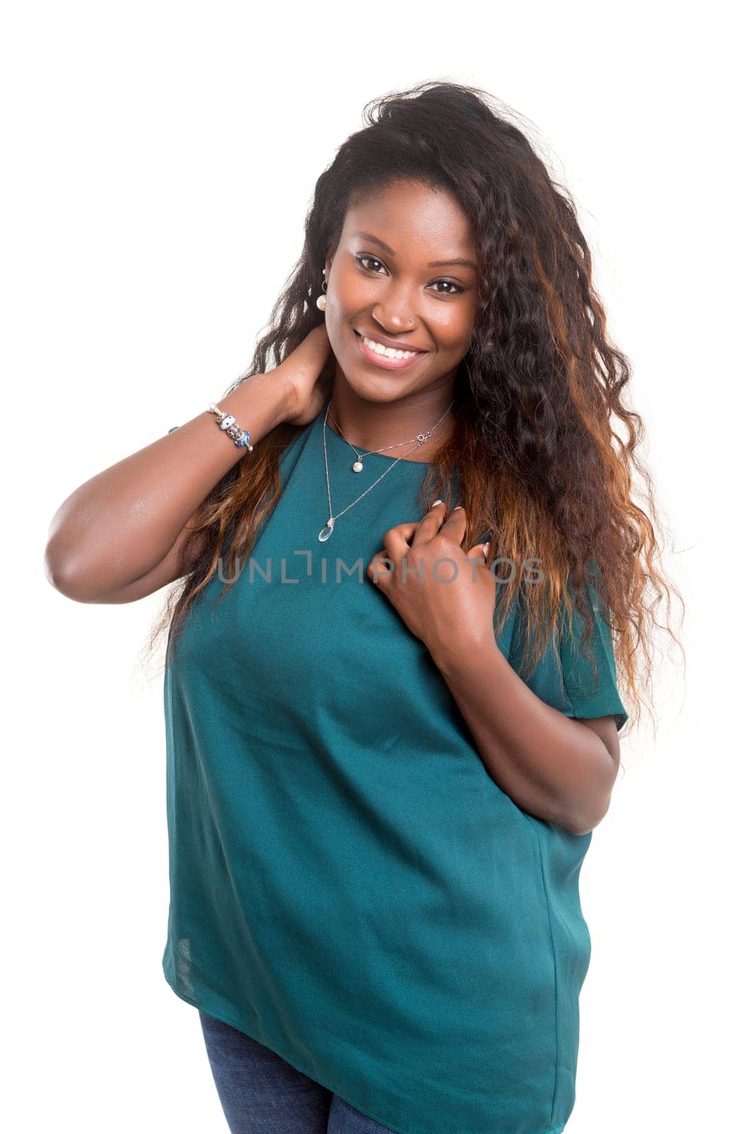 Beautiful young african woman posing isolated over white