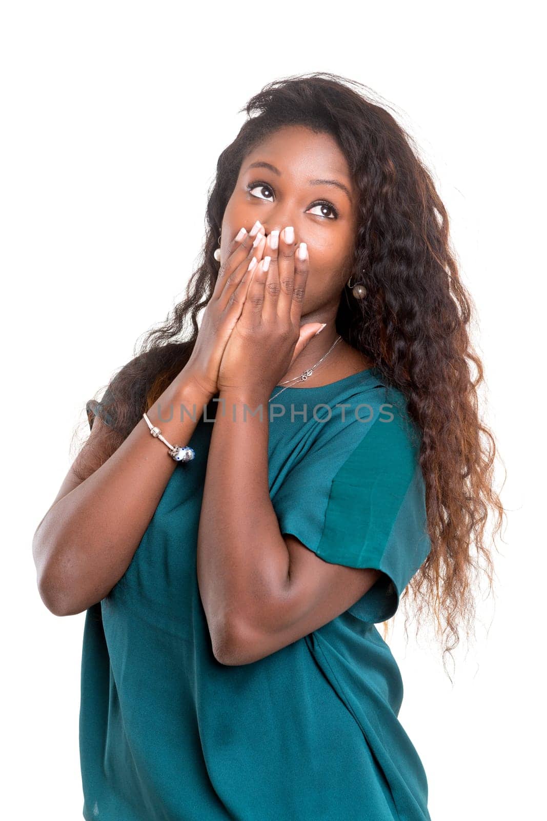 Very happy african woman screaming at someone, isolated over a white background