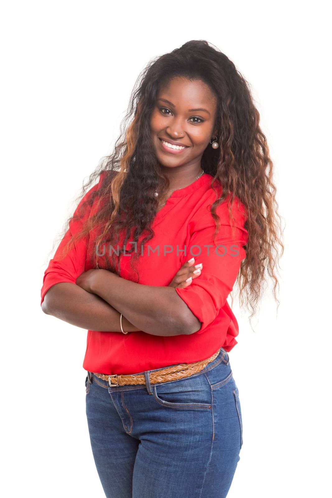 Beautiful young african woman posing isolated over white