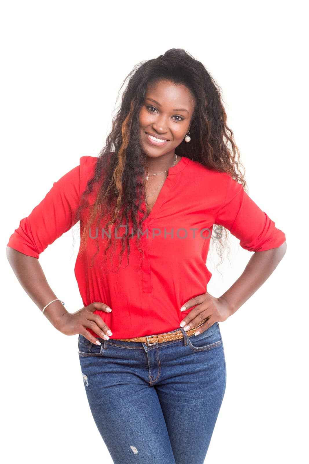Beautiful young african woman posing isolated over white