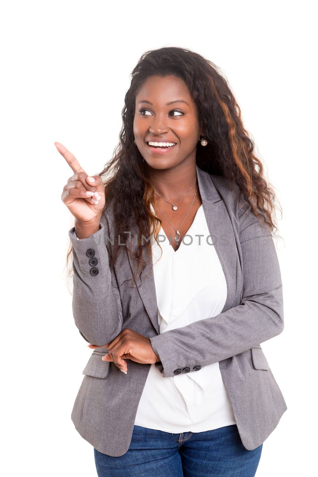 Young beautiful woman presses key, isolated over white