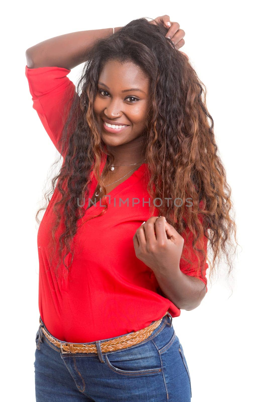 Beautiful young african woman posing isolated over white