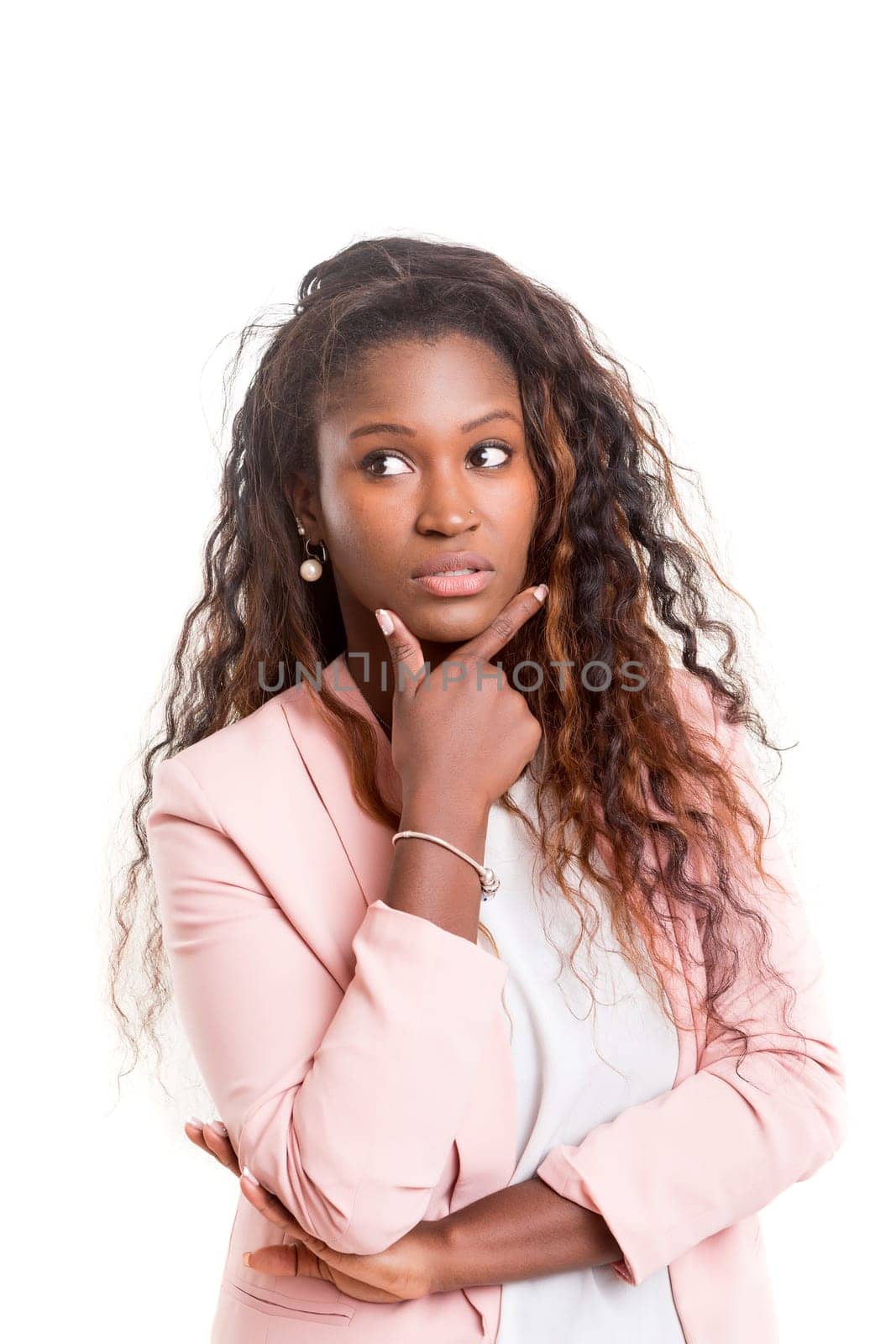 Beautiful young african woman posing isolated over white