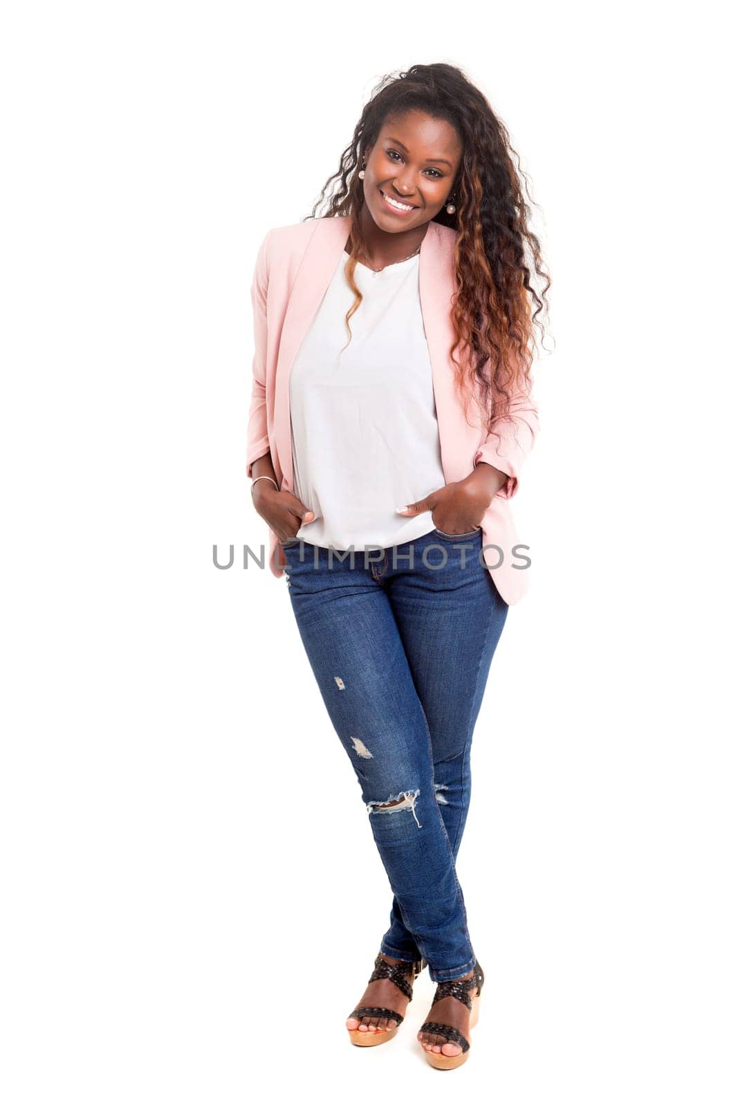 Beautiful young african woman posing isolated over white