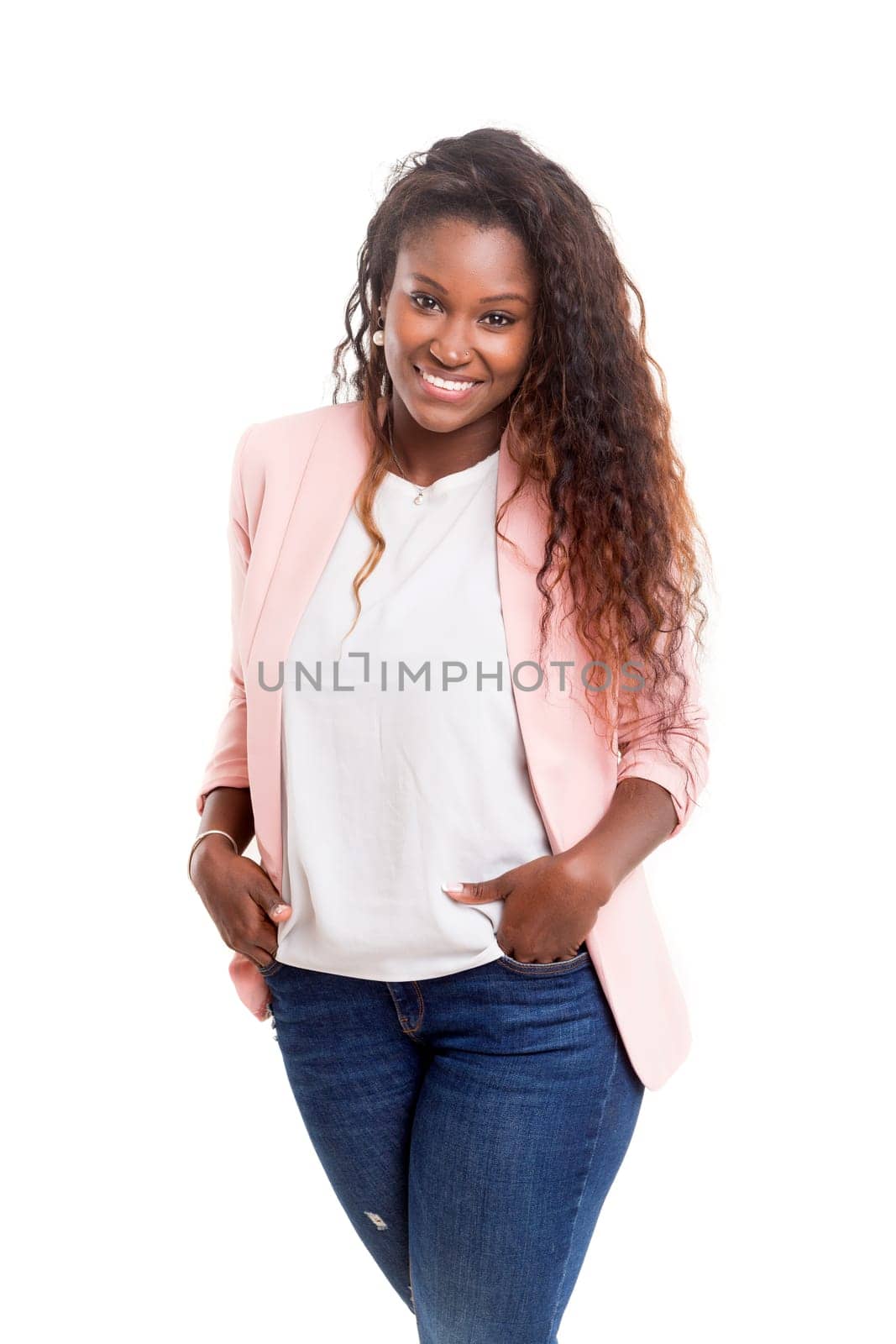 Beautiful young african woman posing isolated over white