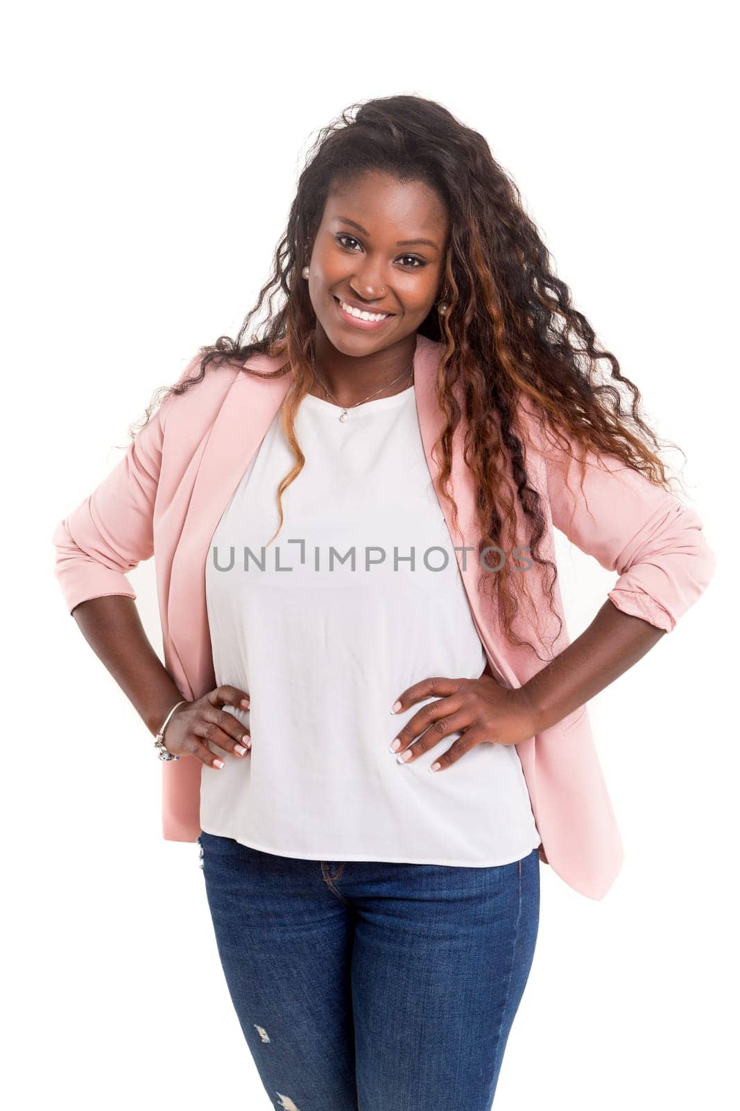 Beautiful young african woman posing isolated over white