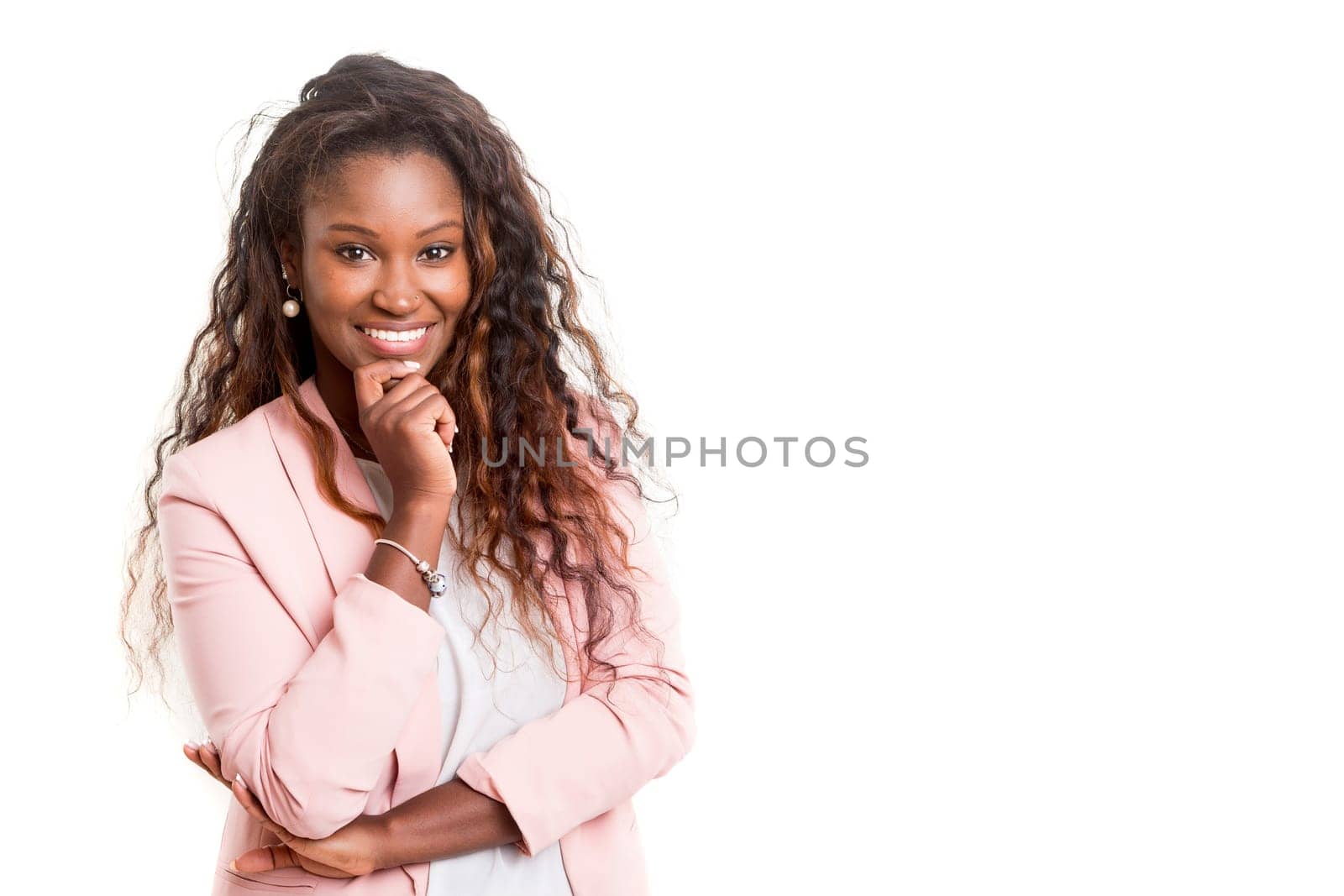 Beautiful young african woman posing isolated over white