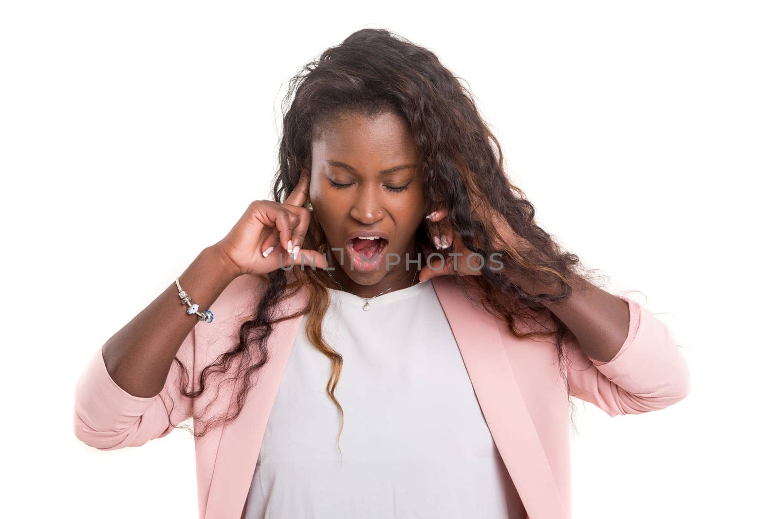 Beautiful young african woman asking for silence isolated