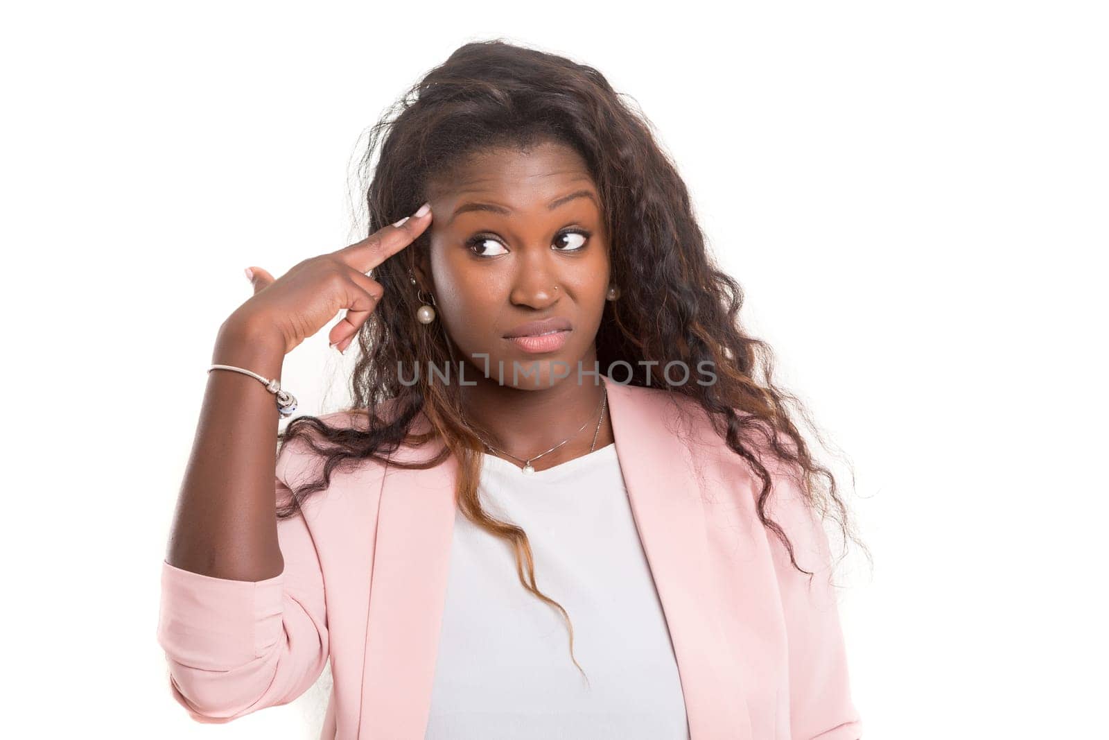A worried young african woman, isolated over white