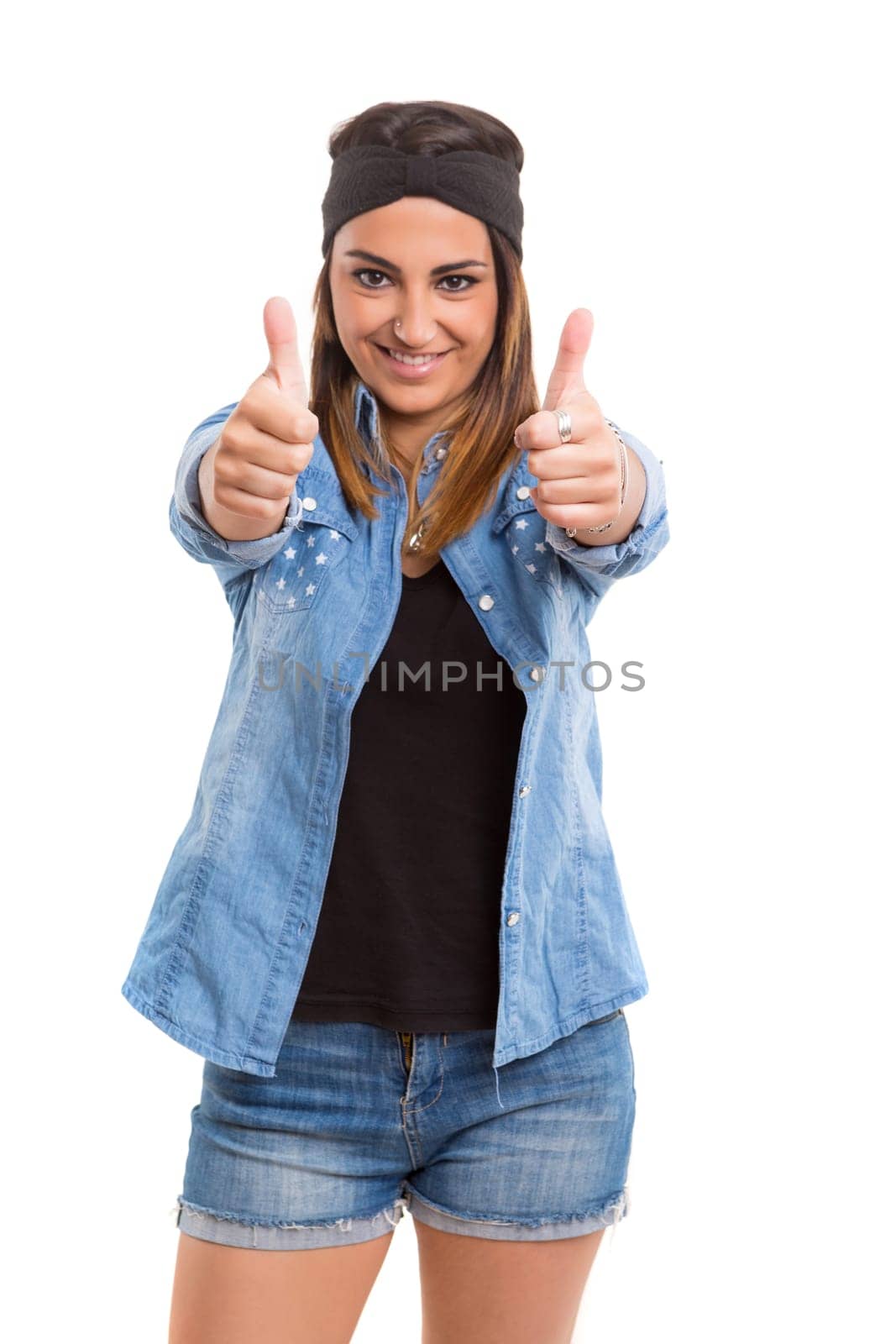 Beautiful young woman signaling ok, isolated over white