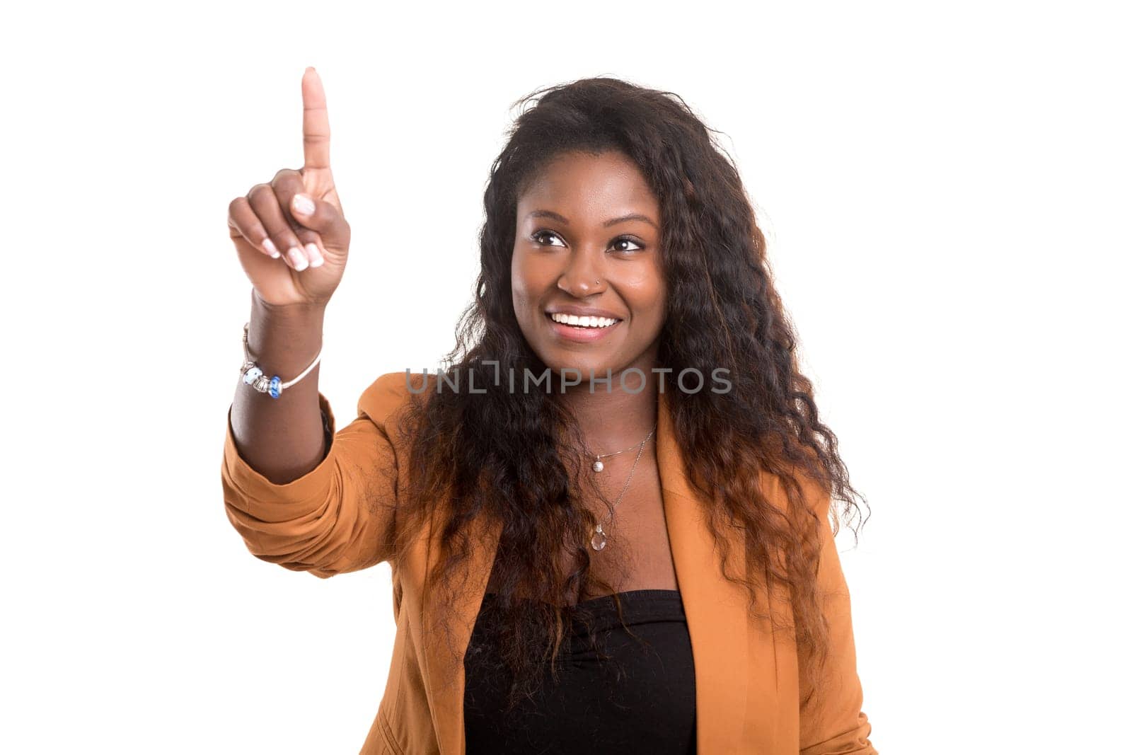 Young beautiful woman presses key, isolated over white