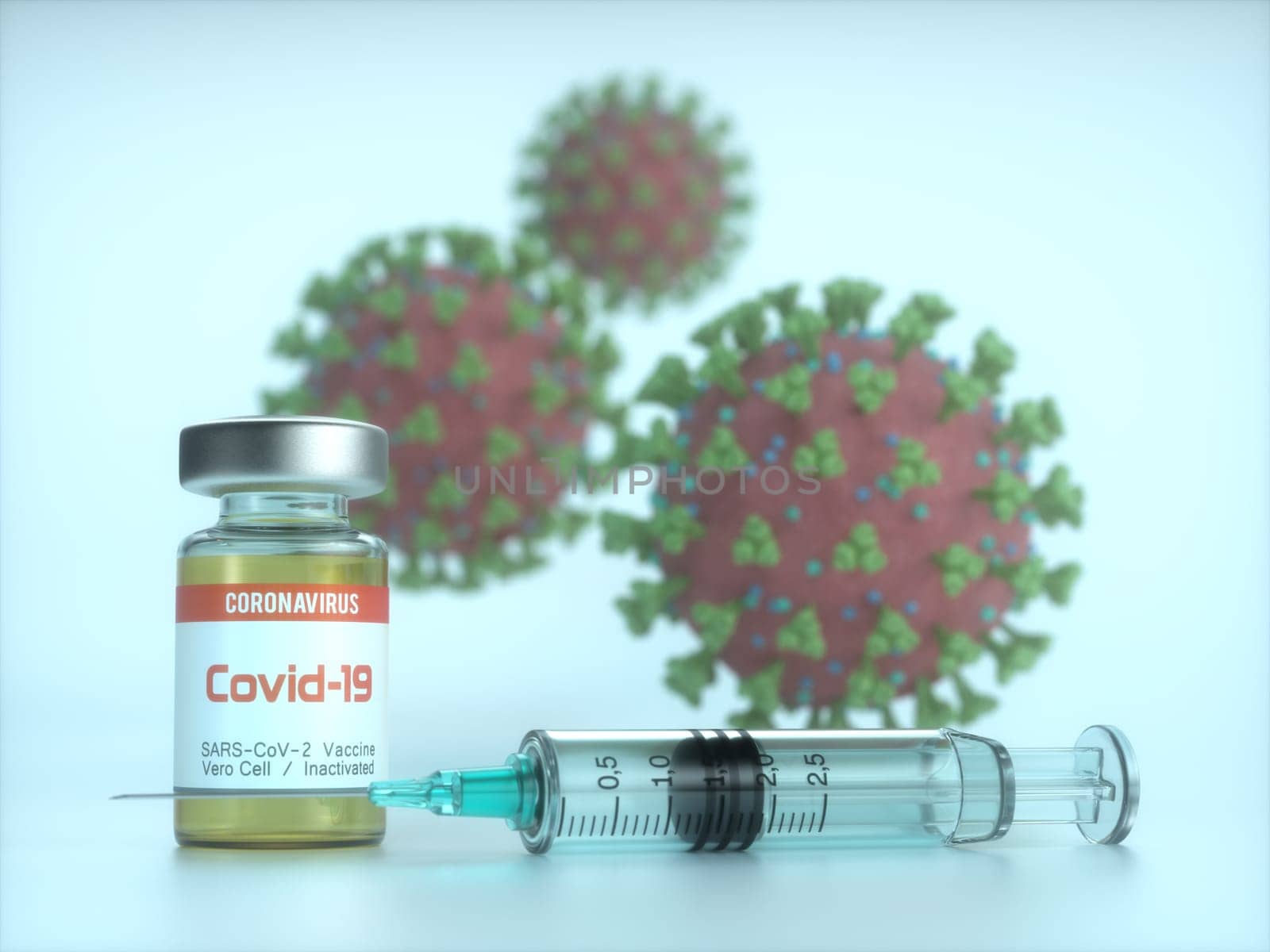Conceptual image for the discovery of a vaccine for the Covid-19, Coronavirus, 2019-nCoV, SARS-CoV-2. 3D illustration.