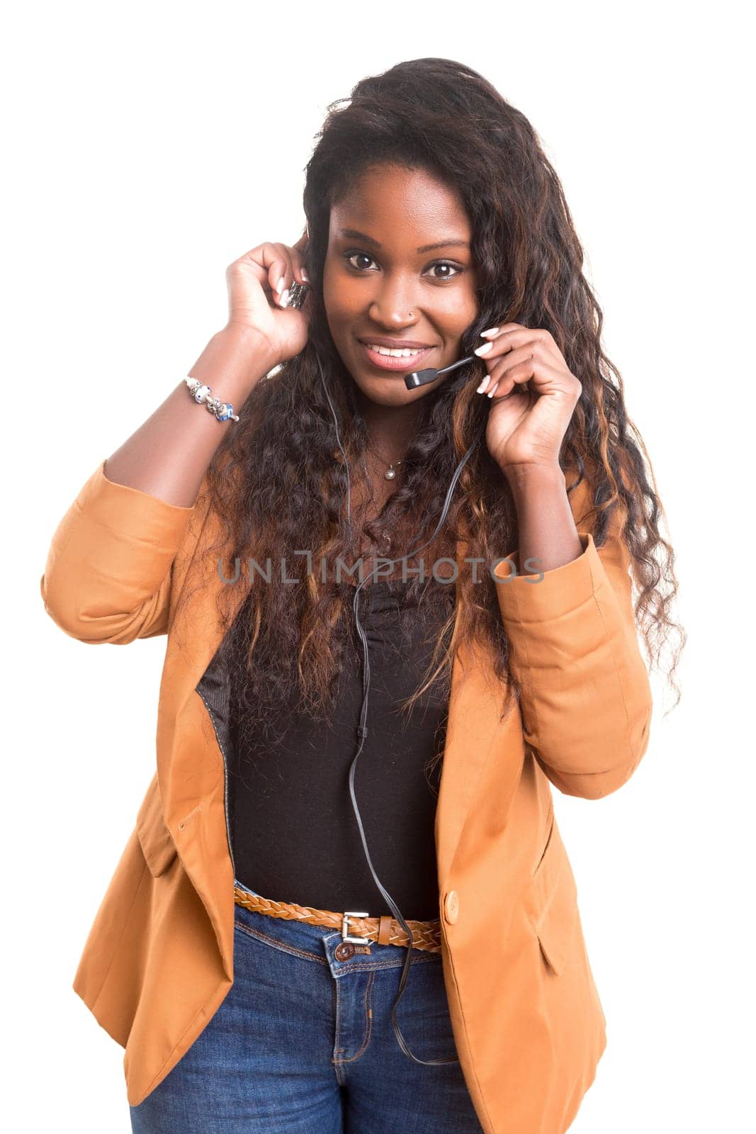 A friendly african telephone operator smiling isolated over a white background