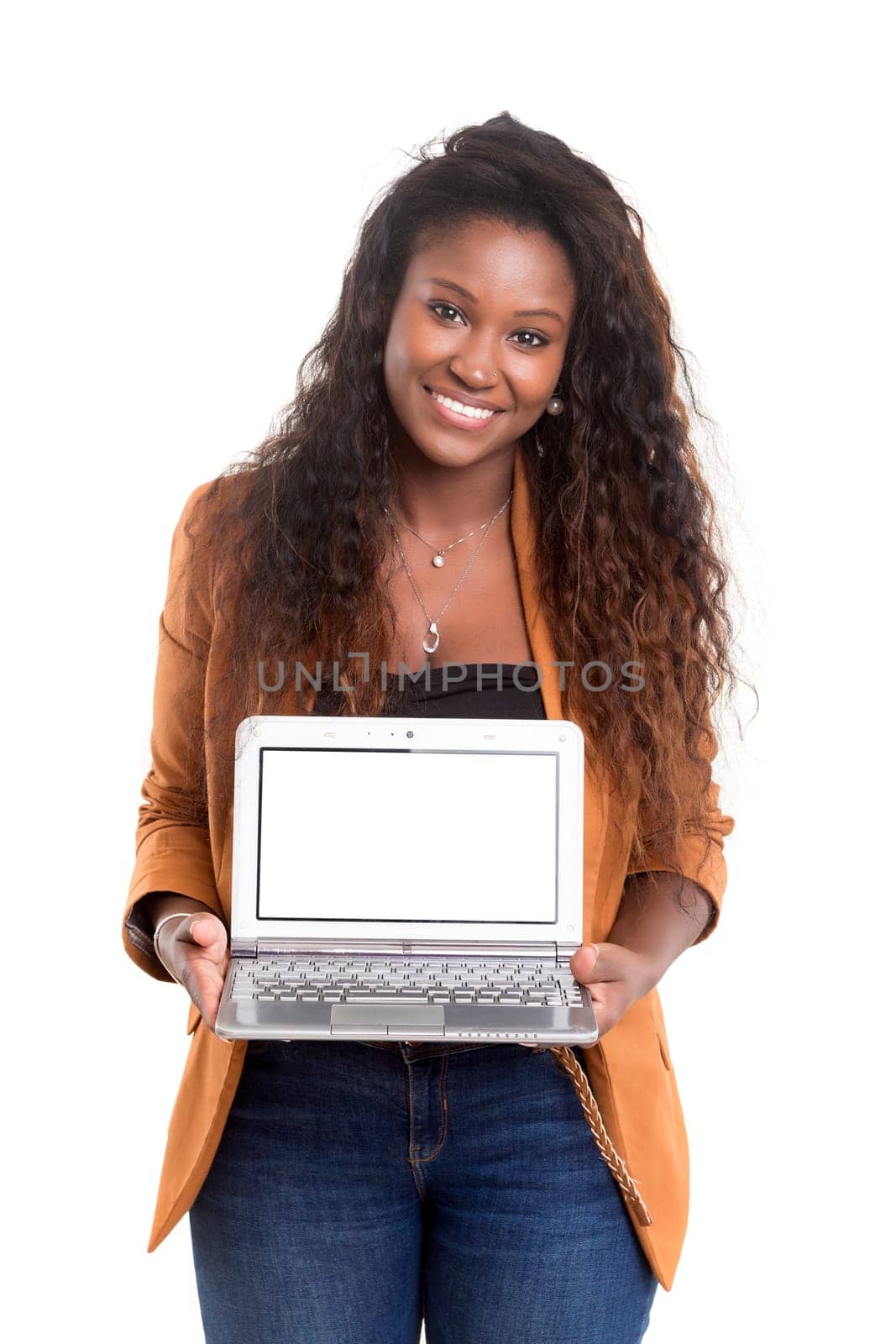 Young african woman presenting your product on a laptop computer