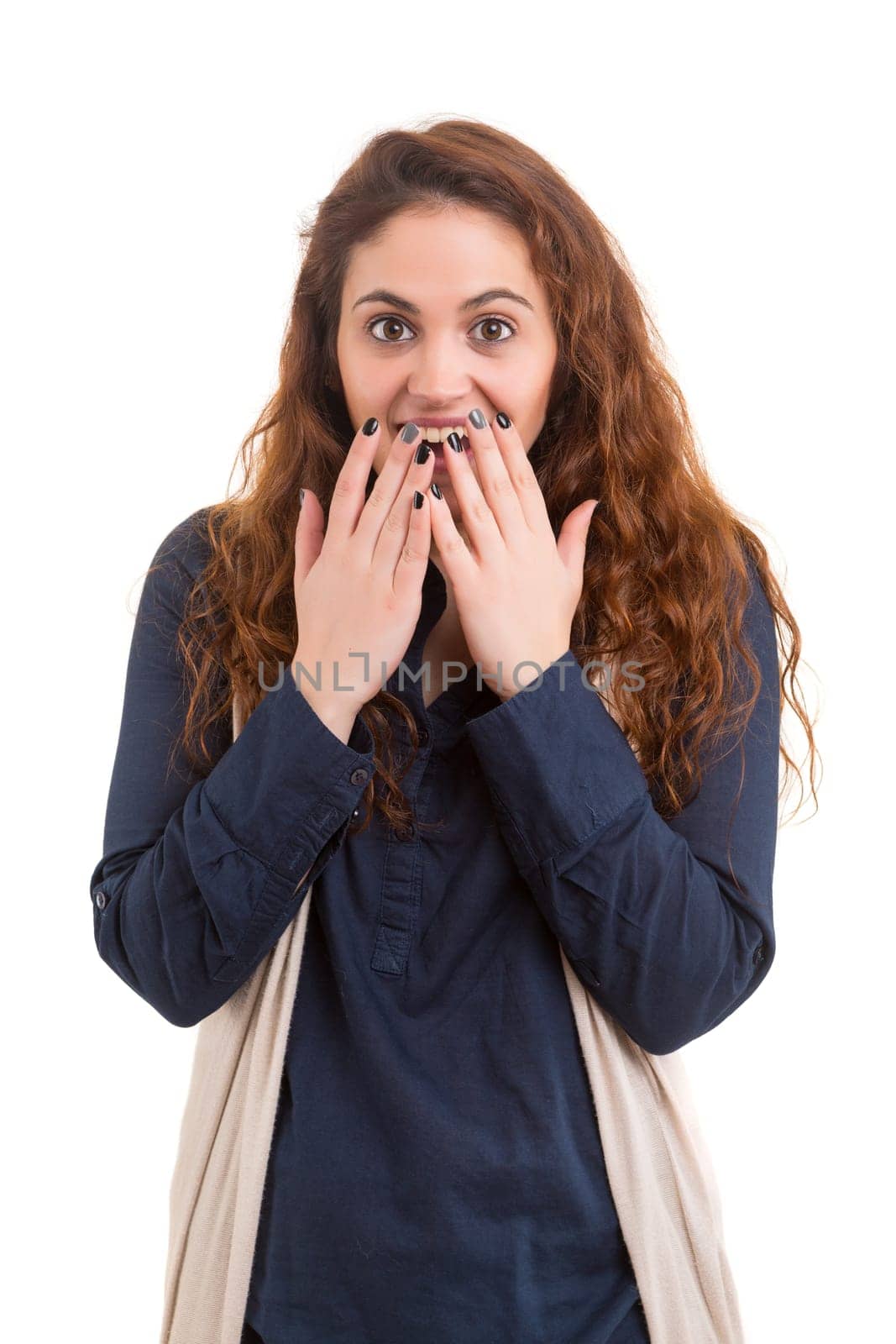 Surprised young woman isolated over white background
