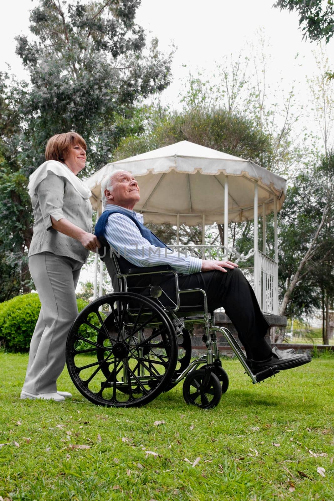 Woman pushing a man sitting in wheelchair