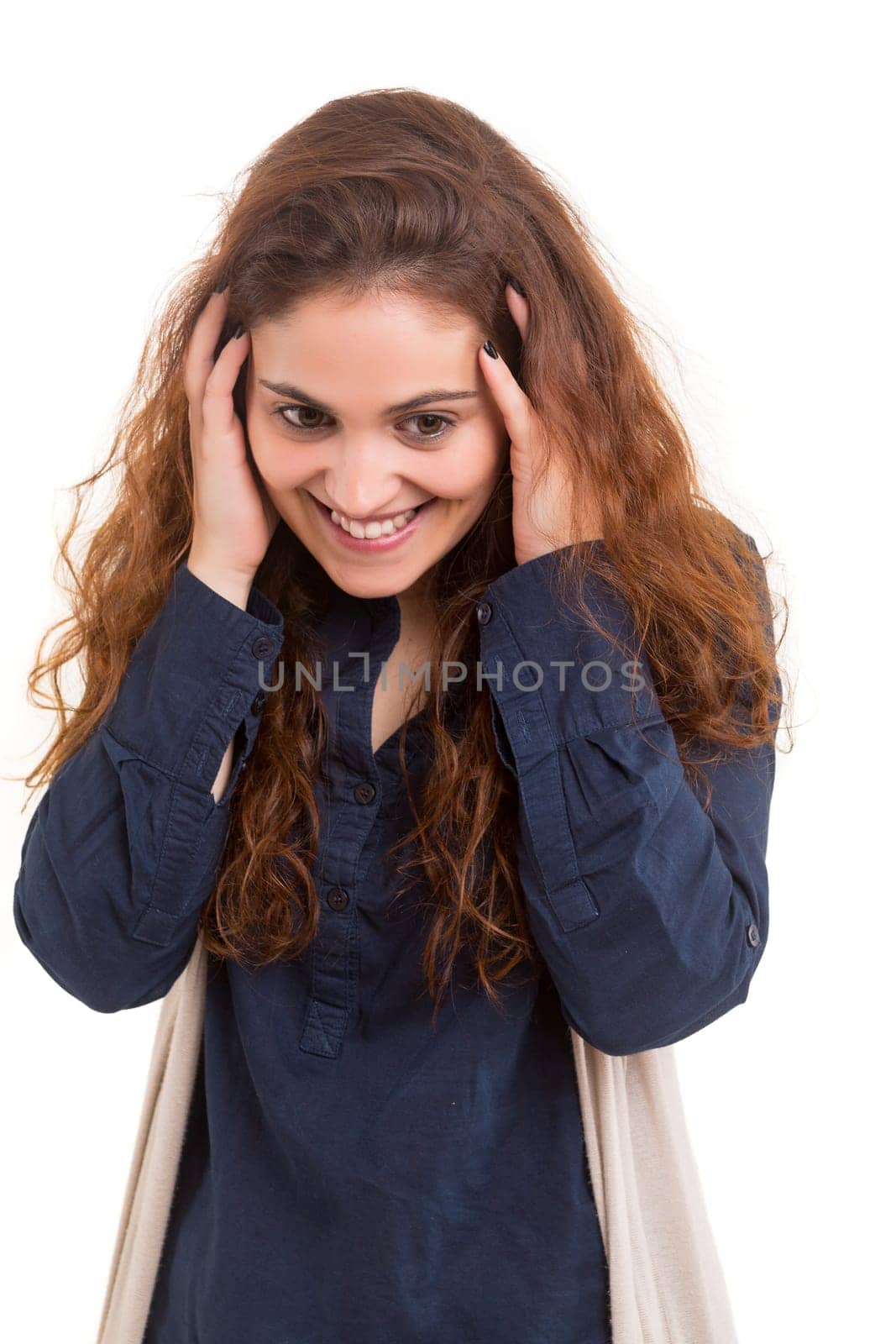Surprised young woman isolated over white background