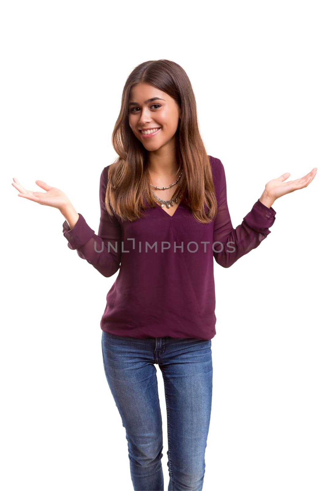 Surprised young woman isolated over white background