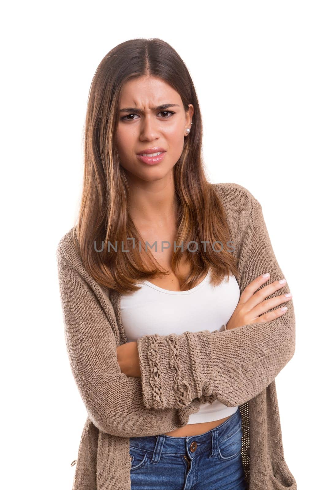 Surprised young woman isolated over white background