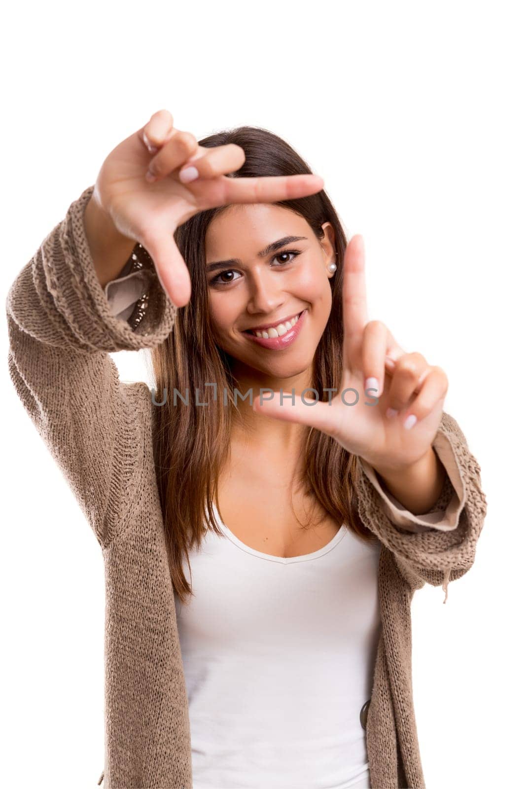 Young woman making framing key gesture - isolated over white