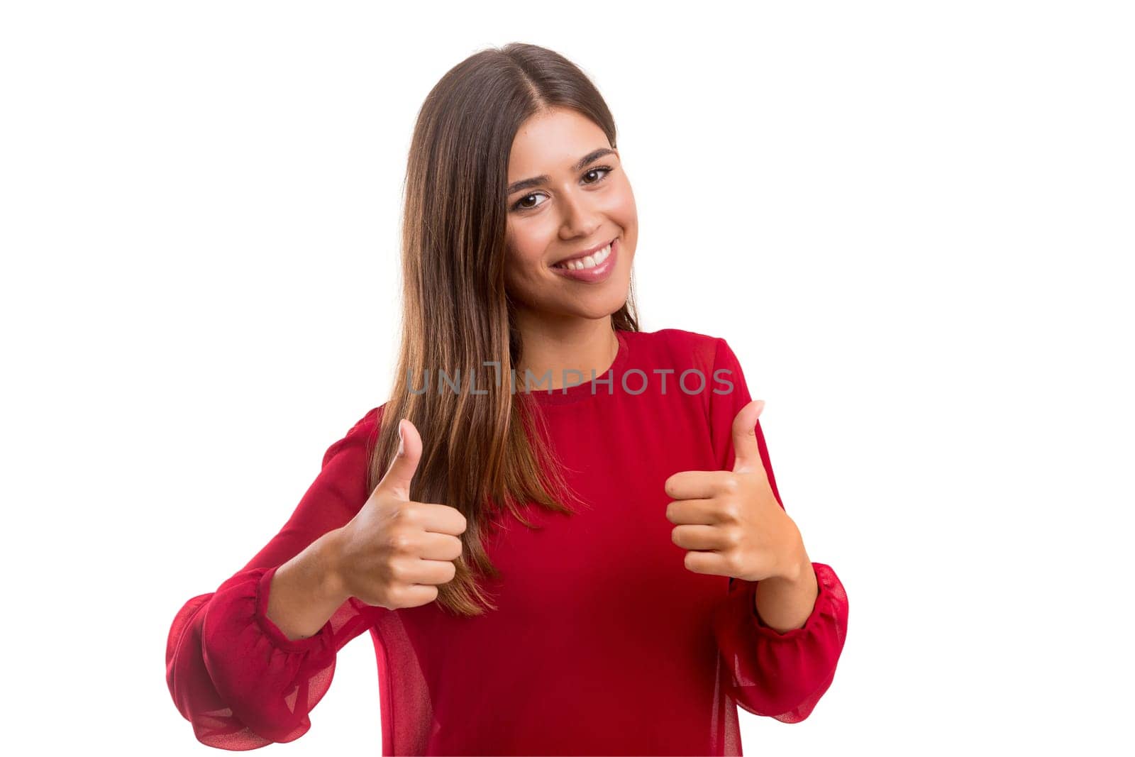 Beautiful young woman signaling ok, isolated over white